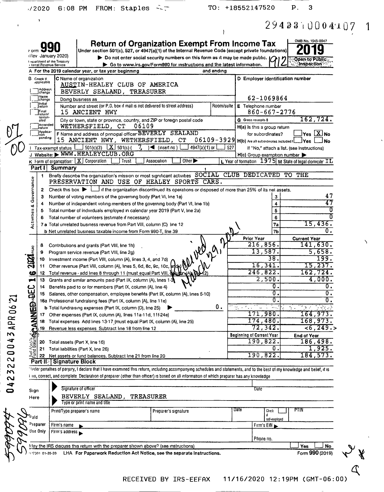 Image of first page of 2019 Form 990O for Austin-Healey Club of America Beverly Sealand Treasurer