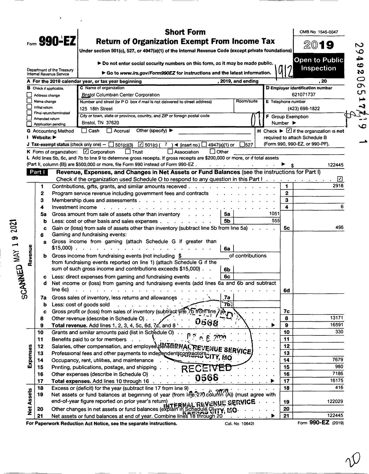 Image of first page of 2019 Form 990EO for Bristol Columbian Center Corporation