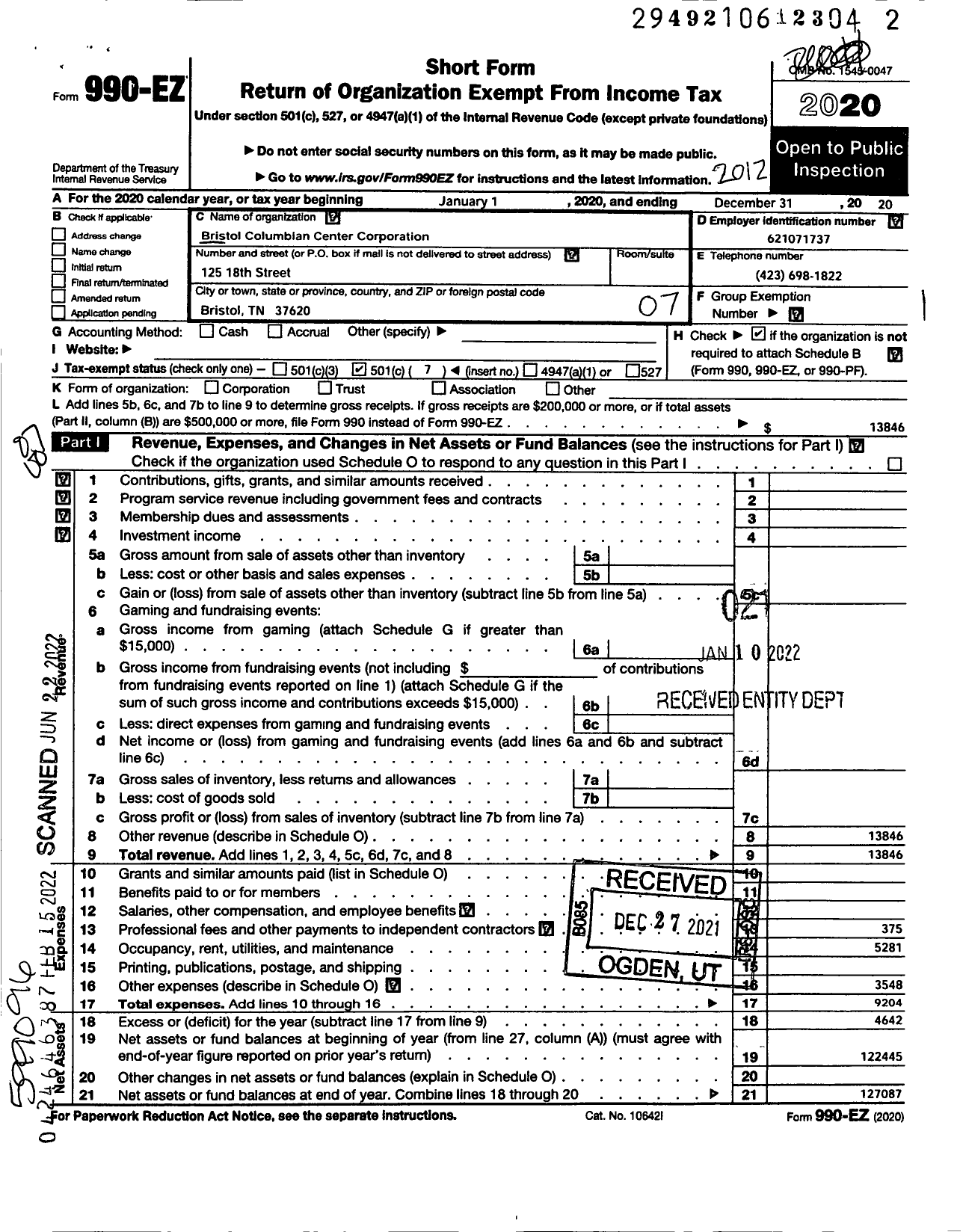 Image of first page of 2020 Form 990EO for Bristol Columbian Center Corporation