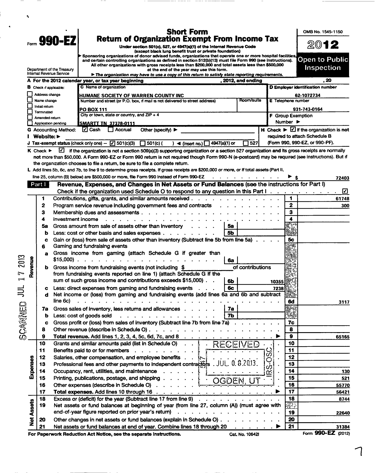 Image of first page of 2012 Form 990EZ for Tri County Humane Society