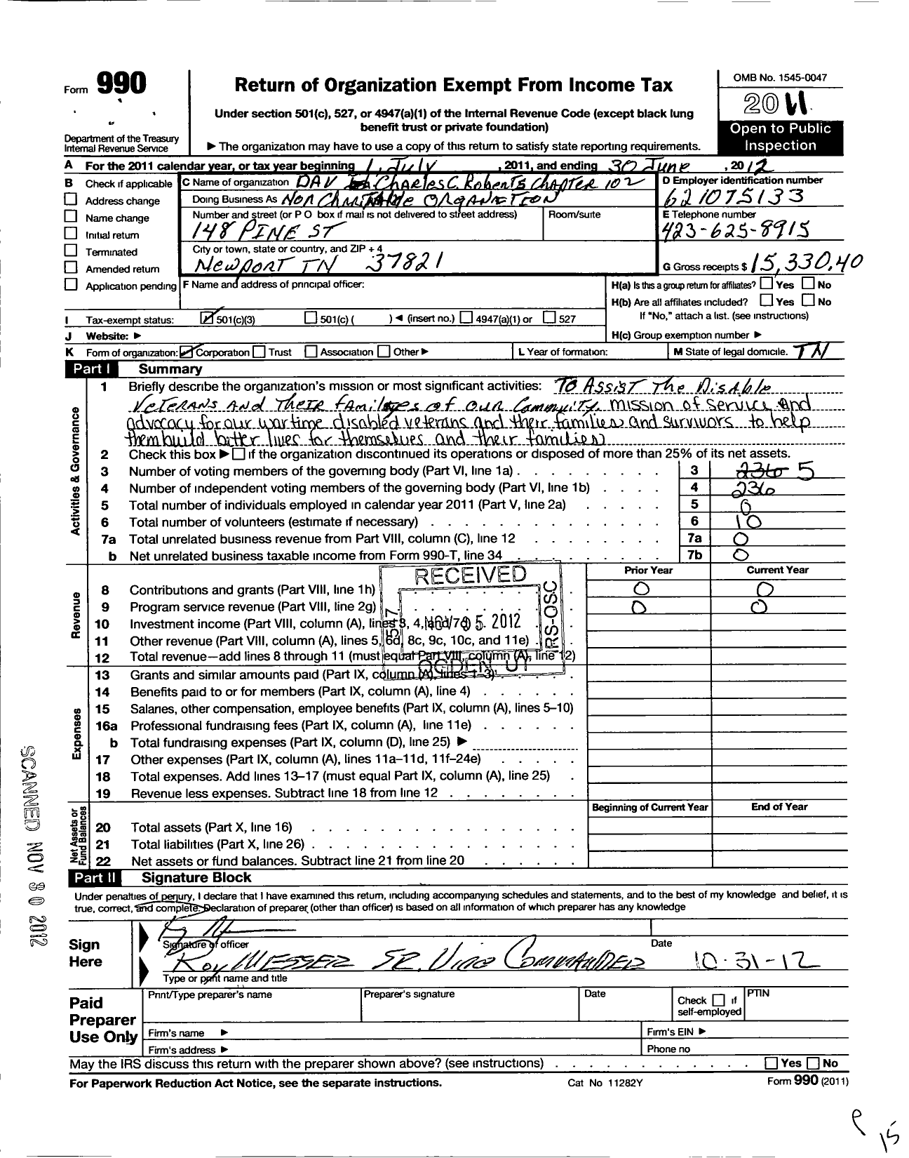 Image of first page of 2011 Form 990 for Disabled American Veterans