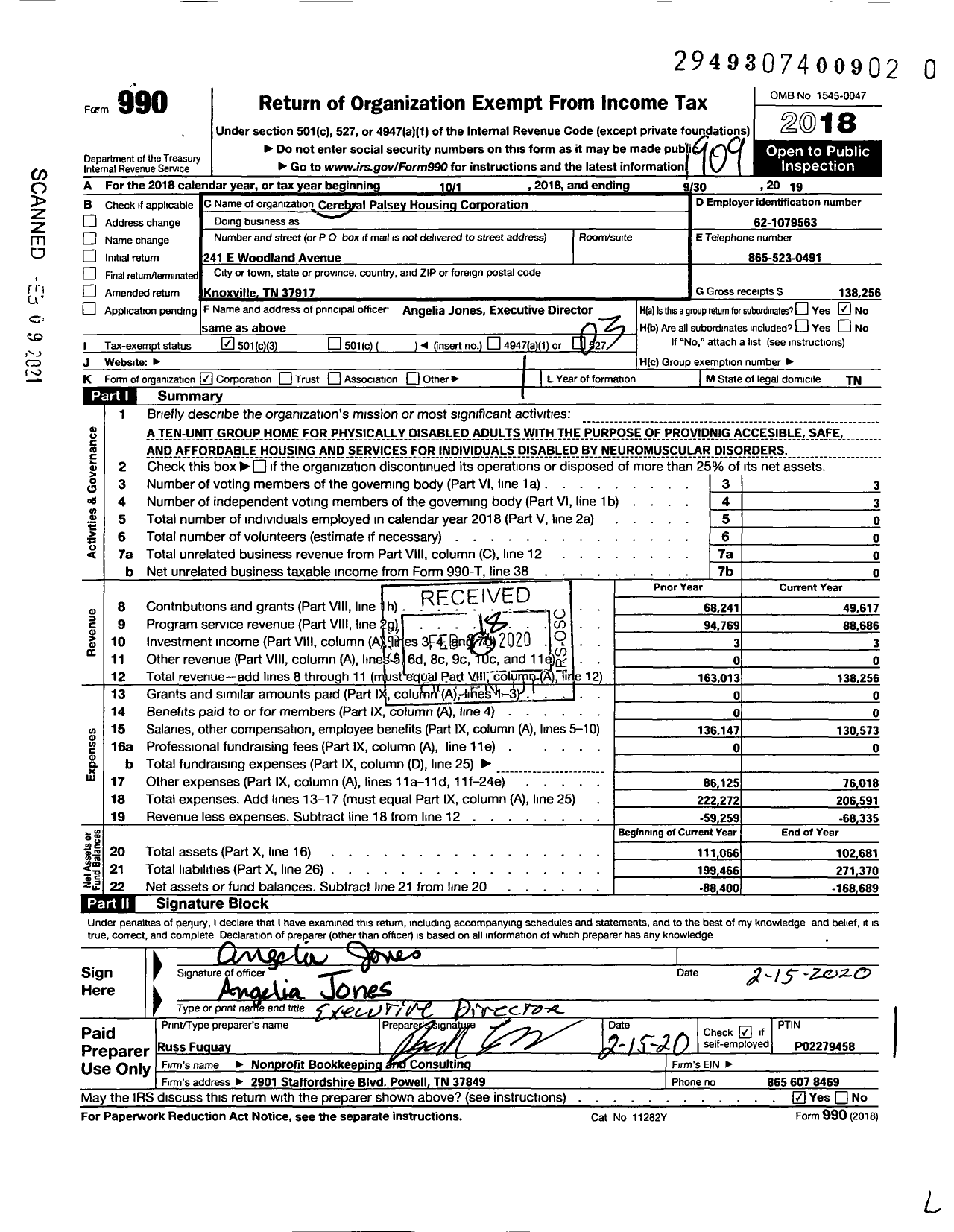 Image of first page of 2018 Form 990 for Cerebral Palsy Housing Corporation