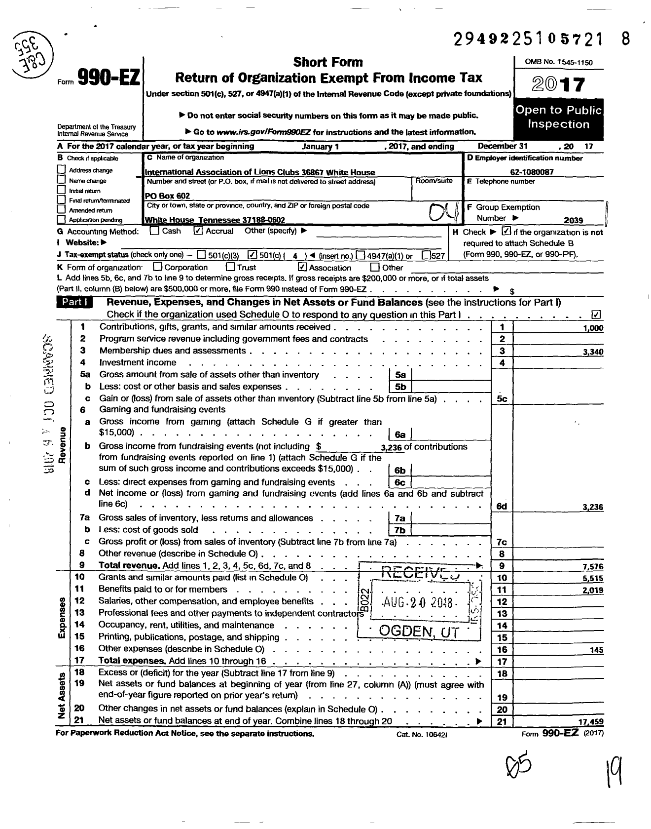 Image of first page of 2017 Form 990EO for Lions Clubs - 36867 White House