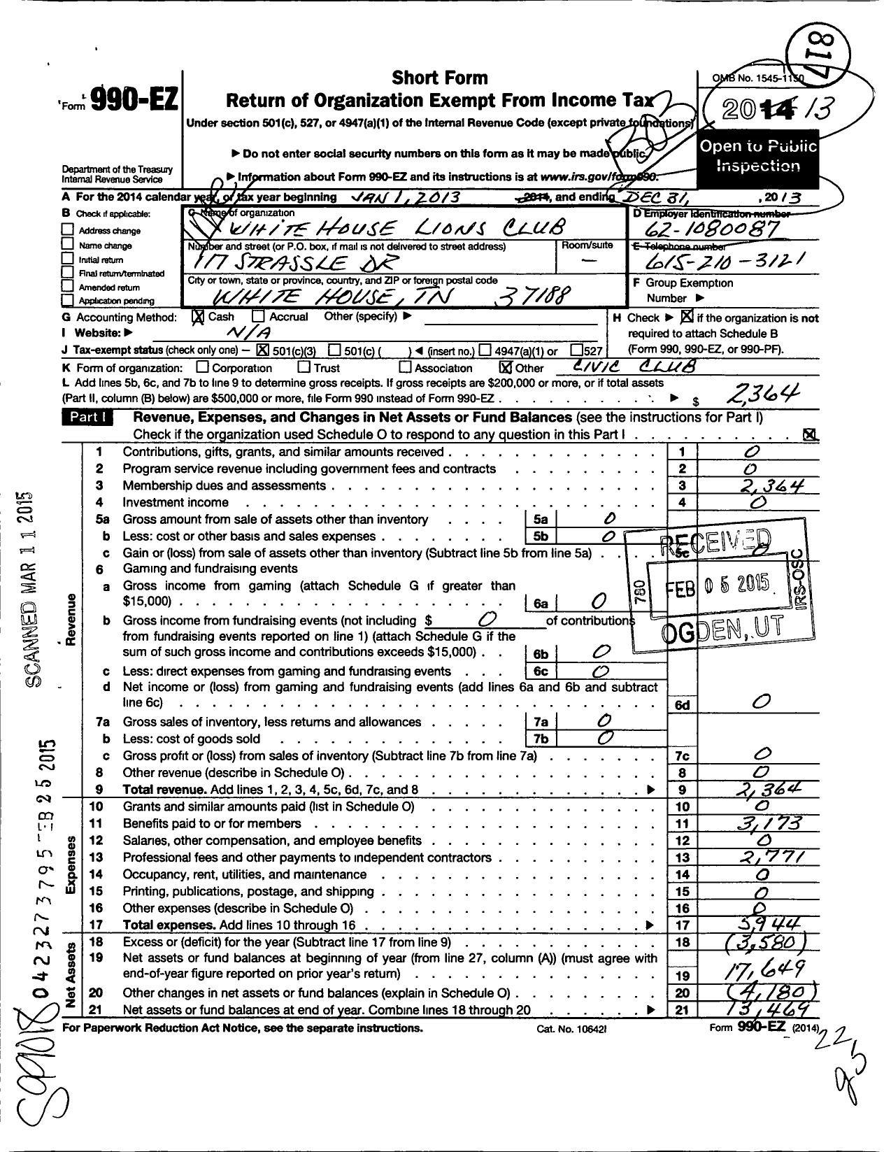 Image of first page of 2012 Form 990EZ for Lions Clubs - 36867 White House