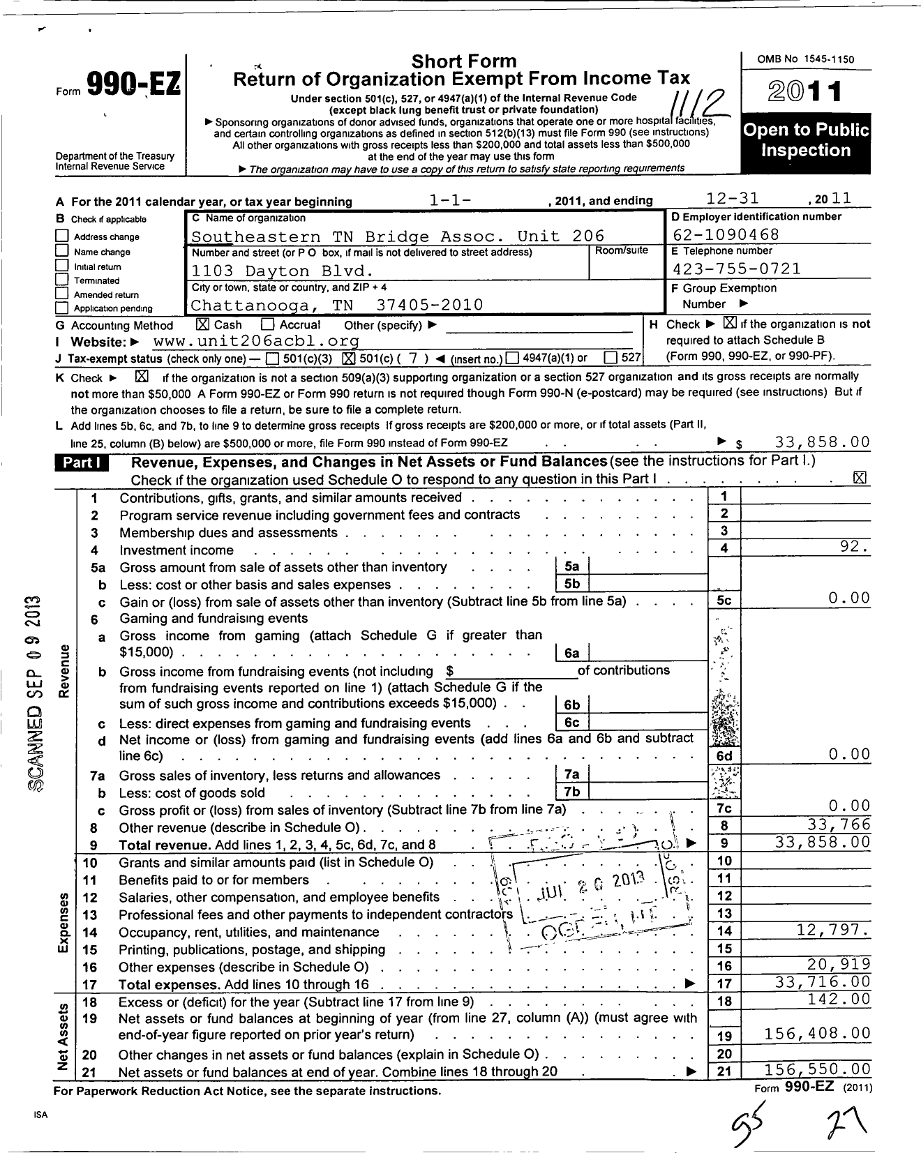 Image of first page of 2011 Form 990EO for Southeasterntnbridgeassocut206 TN Bridge Assoc Unit 206