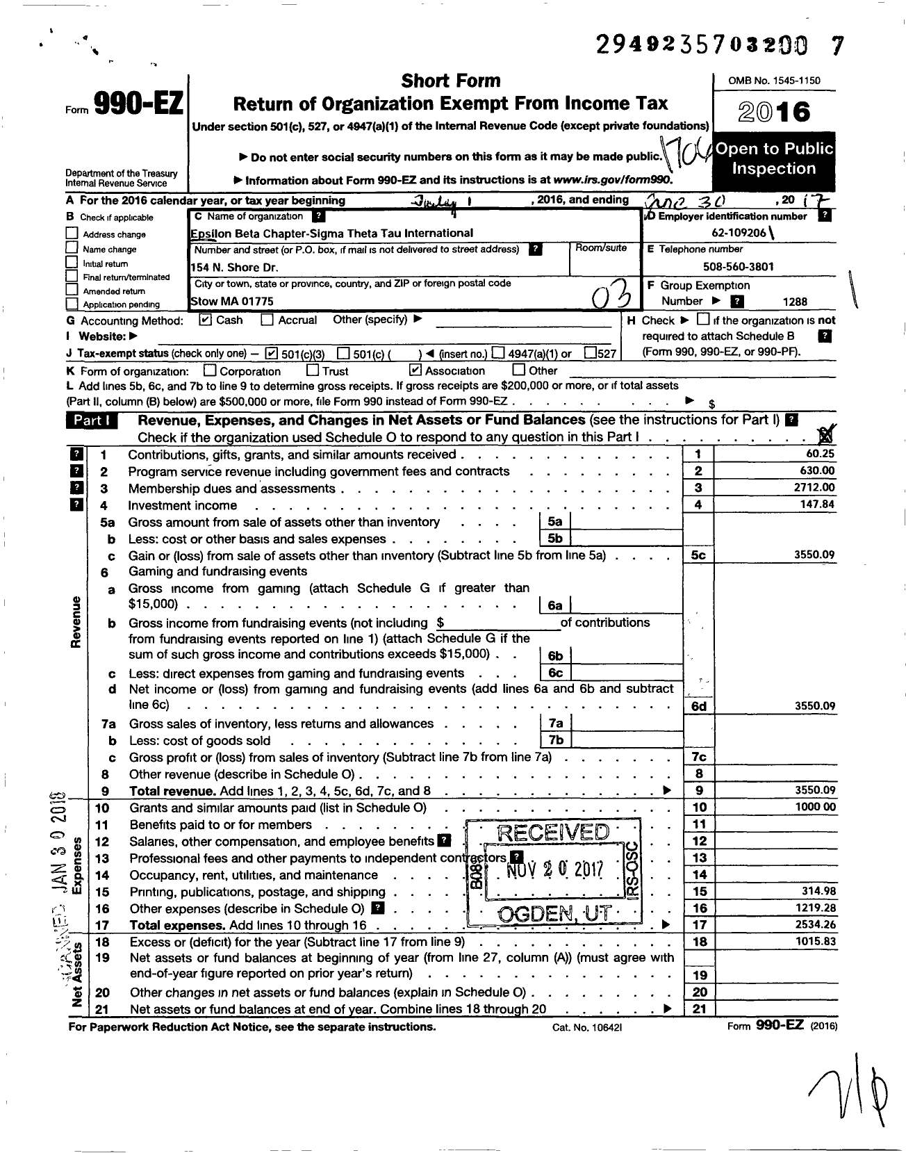 Image of first page of 2016 Form 990EZ for Sigma Theta Tau - 120 Epsilon Beta Chapter