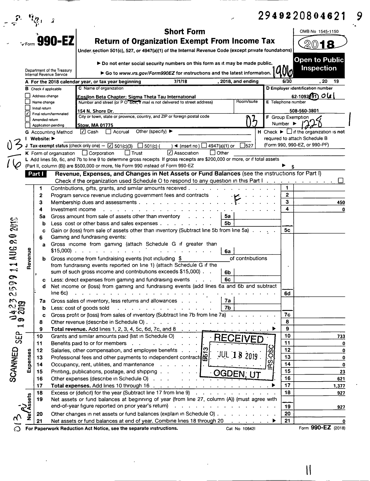 Image of first page of 2018 Form 990EZ for Sigma Theta Tau - 120 Epsilon Beta Chapter