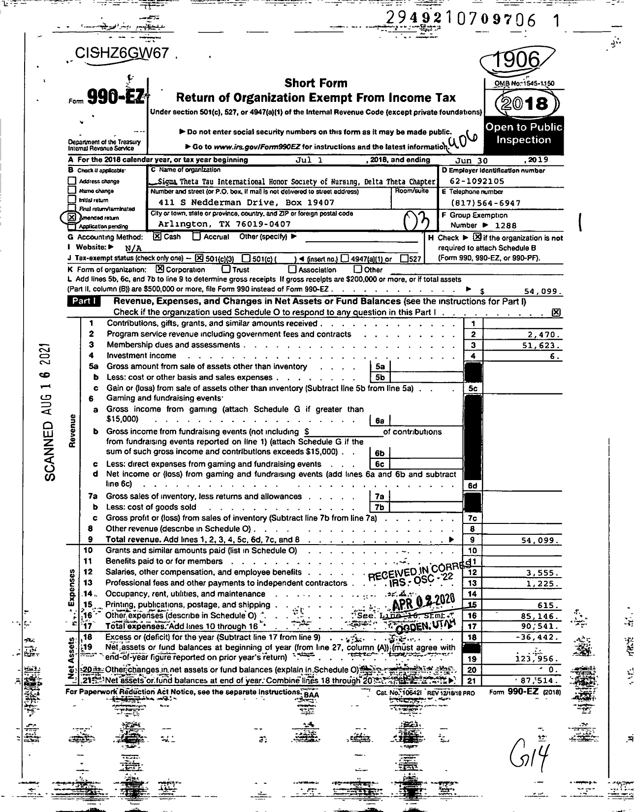 Image of first page of 2018 Form 990EZ for Sigma Theta Tau - 102 Delta Theta Chapter