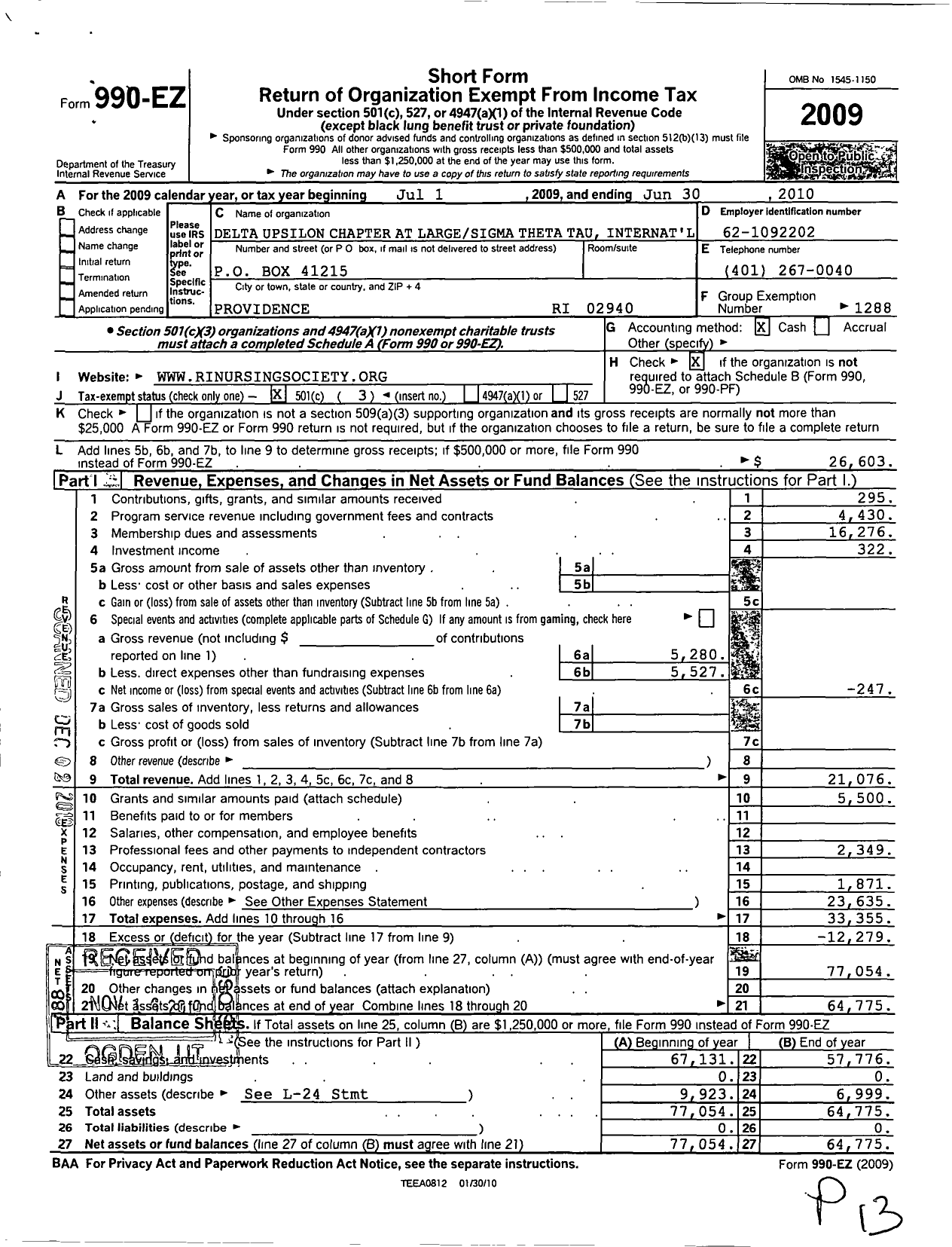 Image of first page of 2009 Form 990EZ for Sigma Theta Tau - 114 Delta Upsilon At-Large Chapter