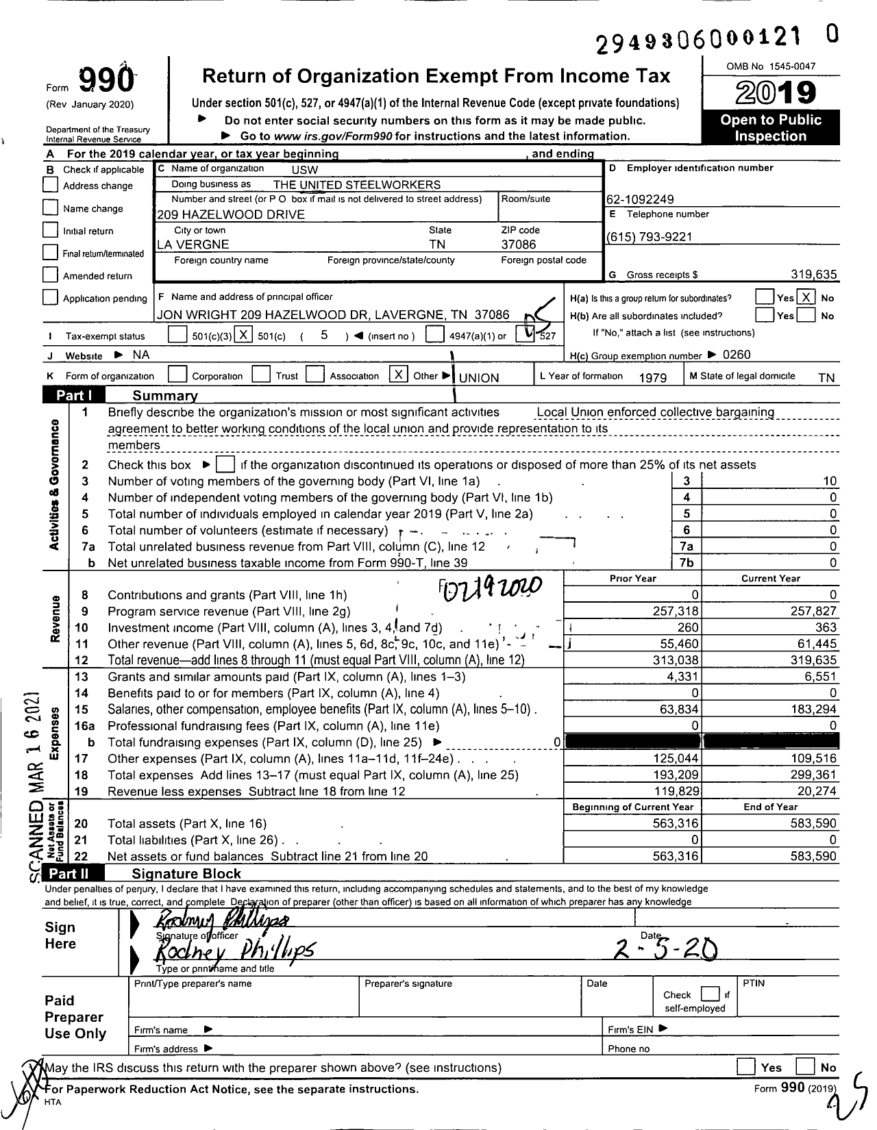 Image of first page of 2019 Form 990O for United Steelworkers - Local Union 1005L