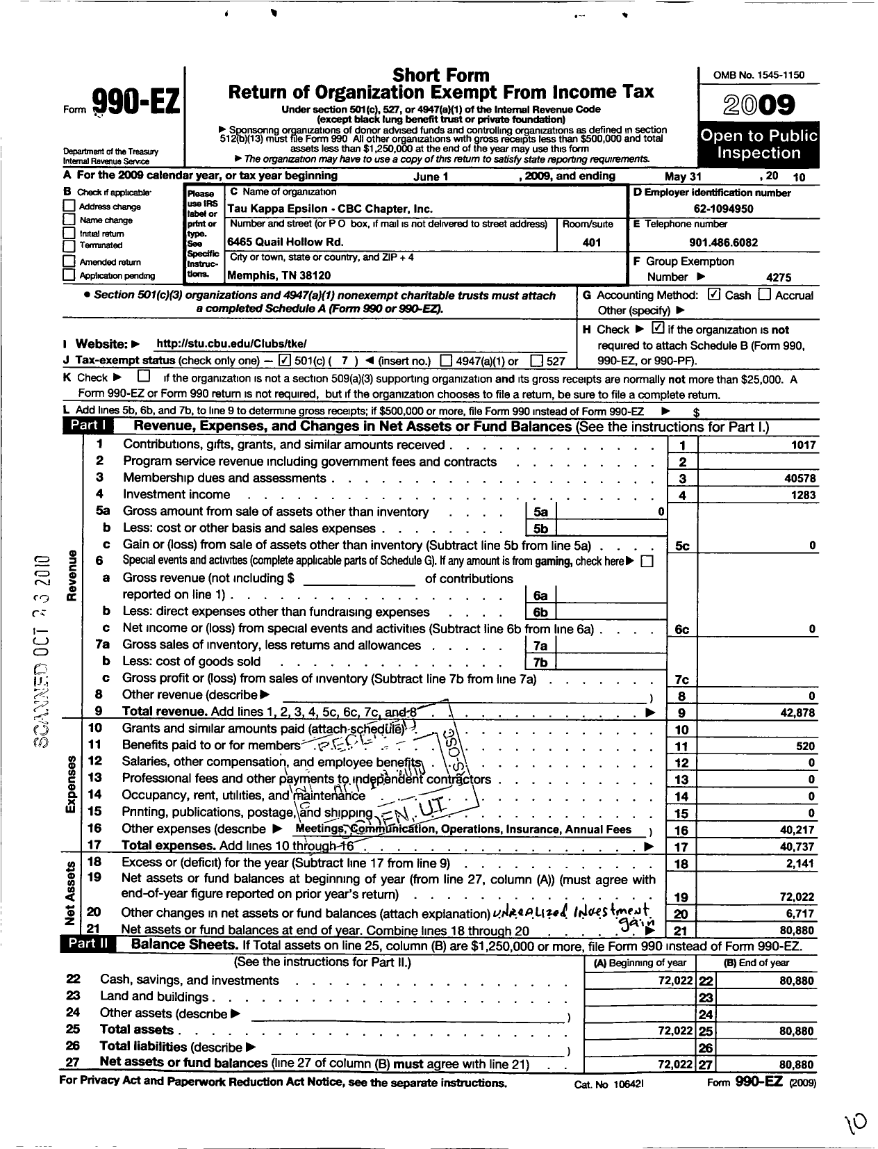 Image of first page of 2009 Form 990EO for Tau Kappa Epsilon Fraternity - 465 Pi-Epsilon