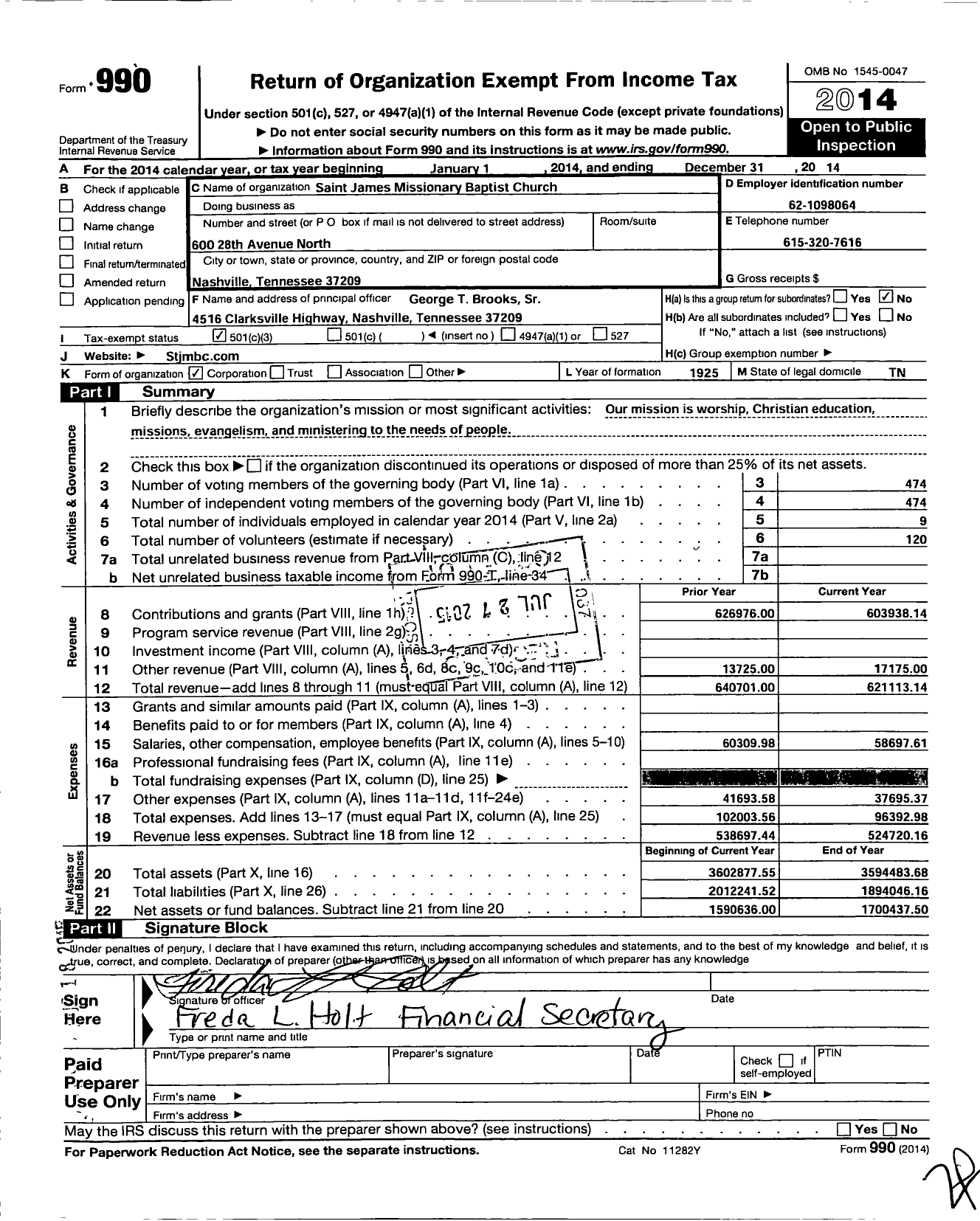 Image of first page of 2014 Form 990 for Saint James Missionary Baptist Church