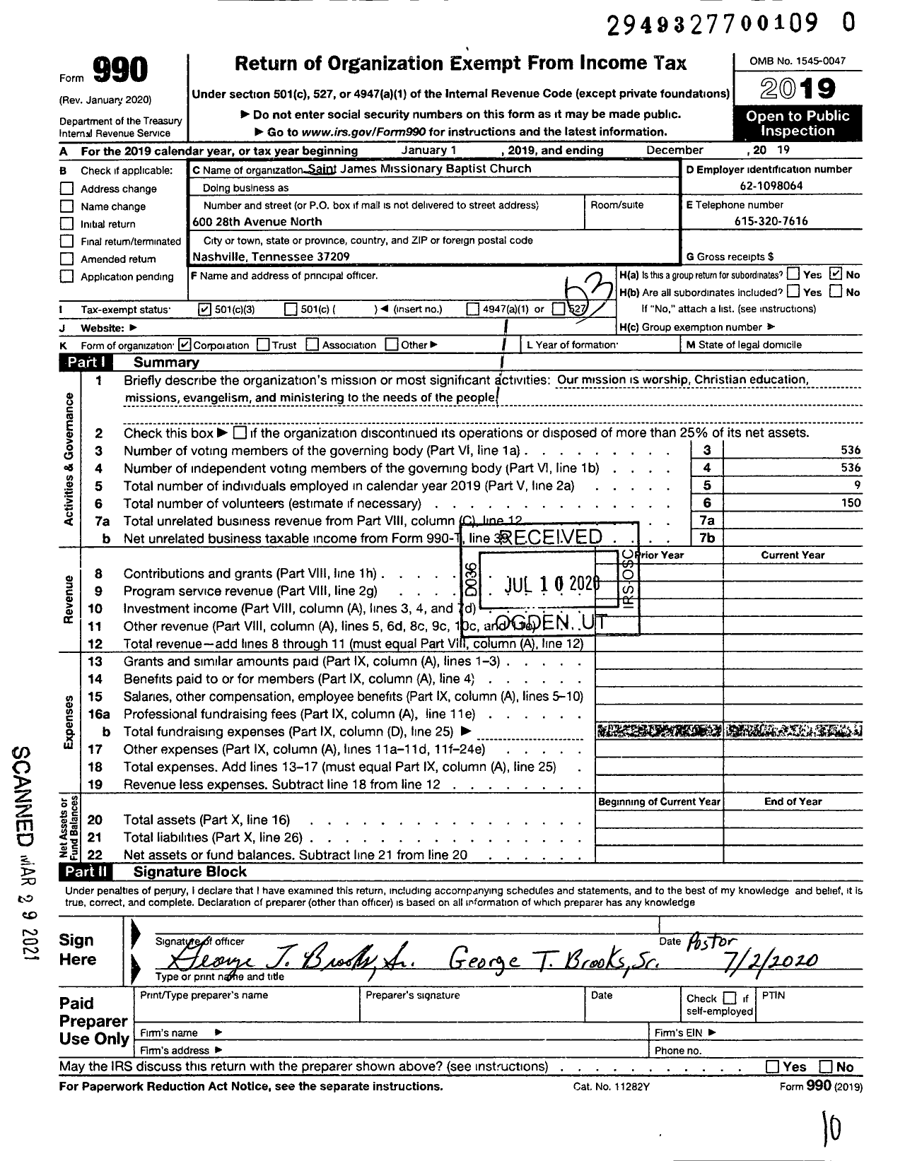 Image of first page of 2019 Form 990 for Saint James Missionary Baptist Church