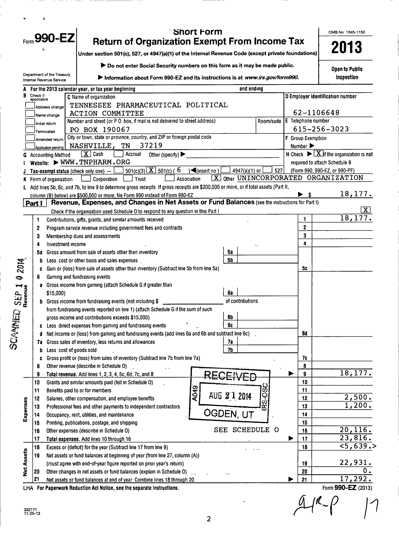 Image of first page of 2013 Form 990EO for Tennessee Pharmacists Political Action Committee