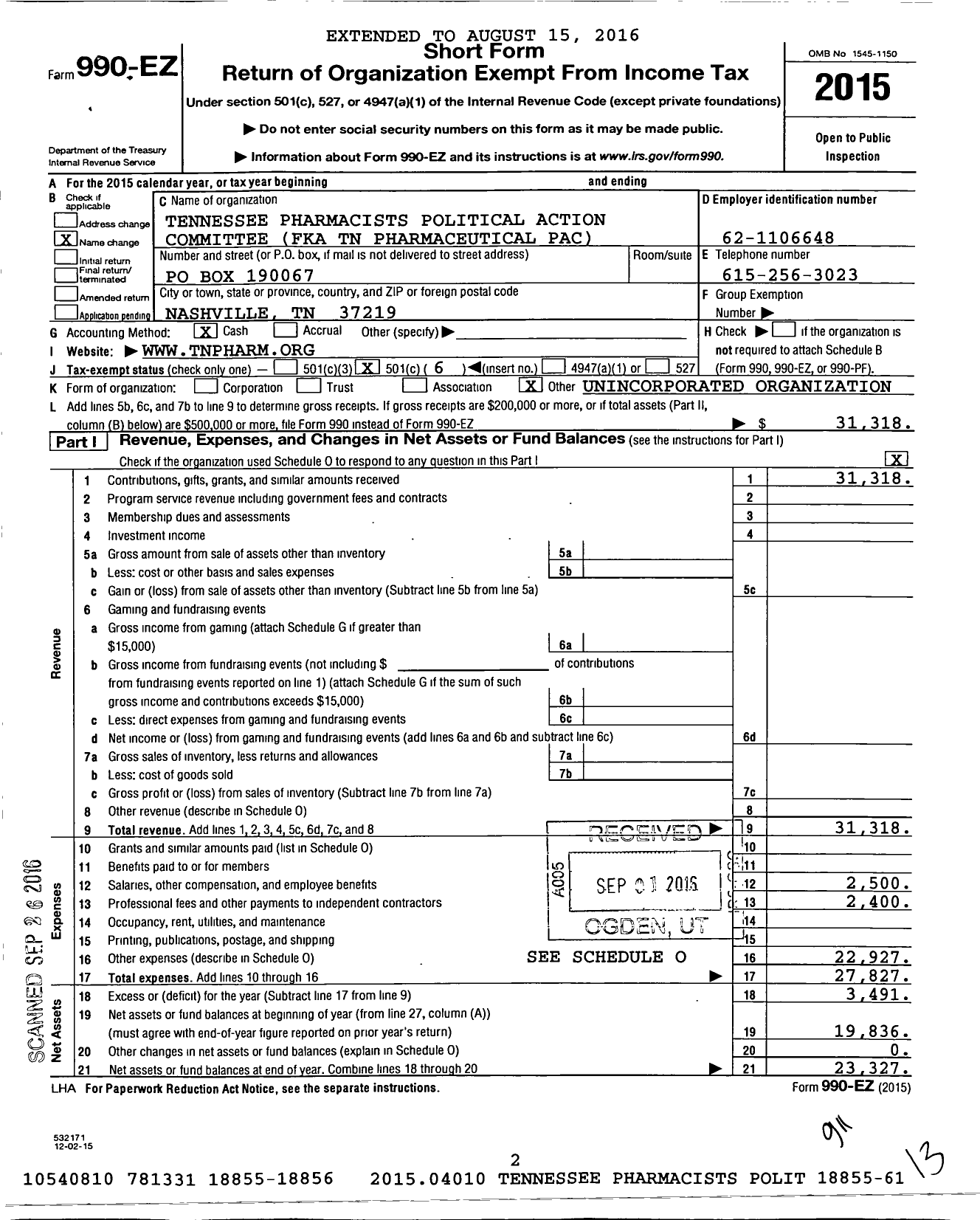 Image of first page of 2015 Form 990EO for Tennessee Pharmacists Political Action Committee