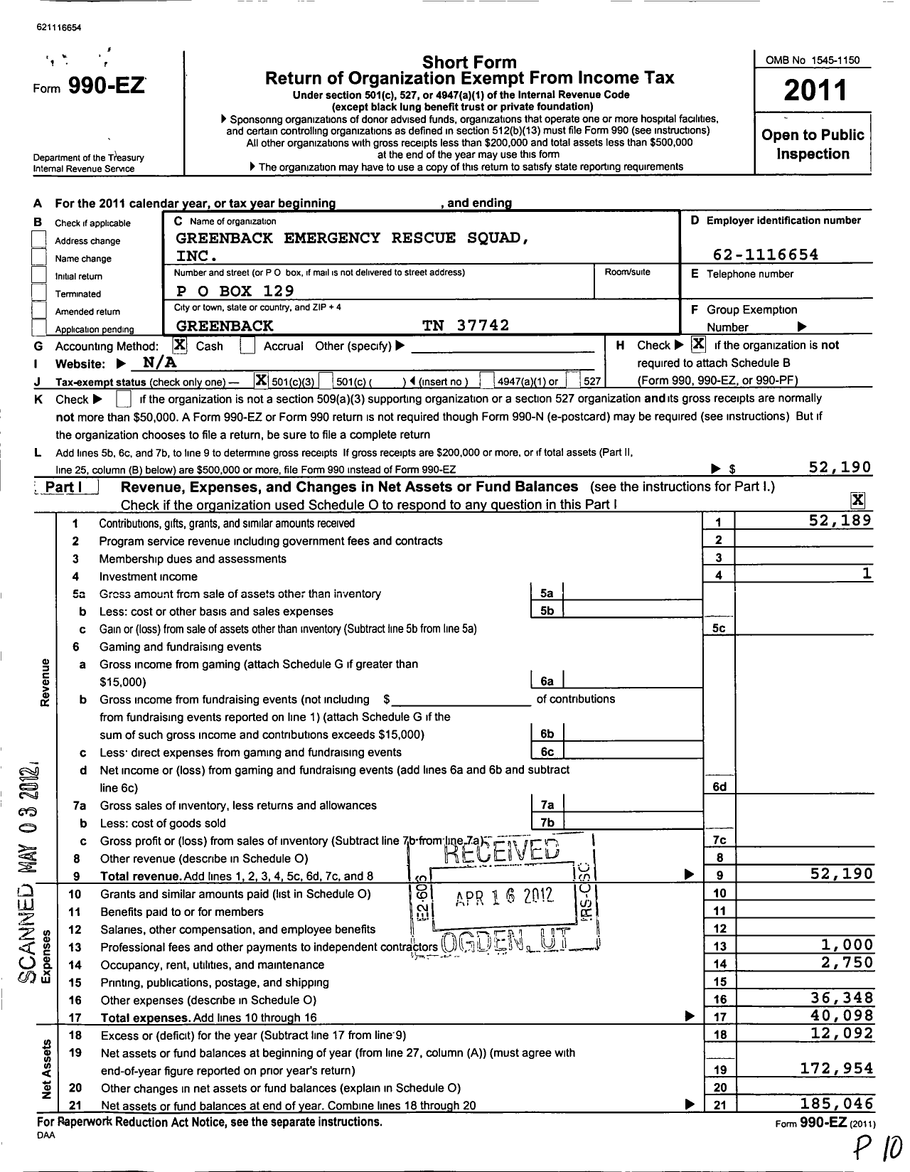 Image of first page of 2011 Form 990EZ for Greenback Emergency Rescue Squad