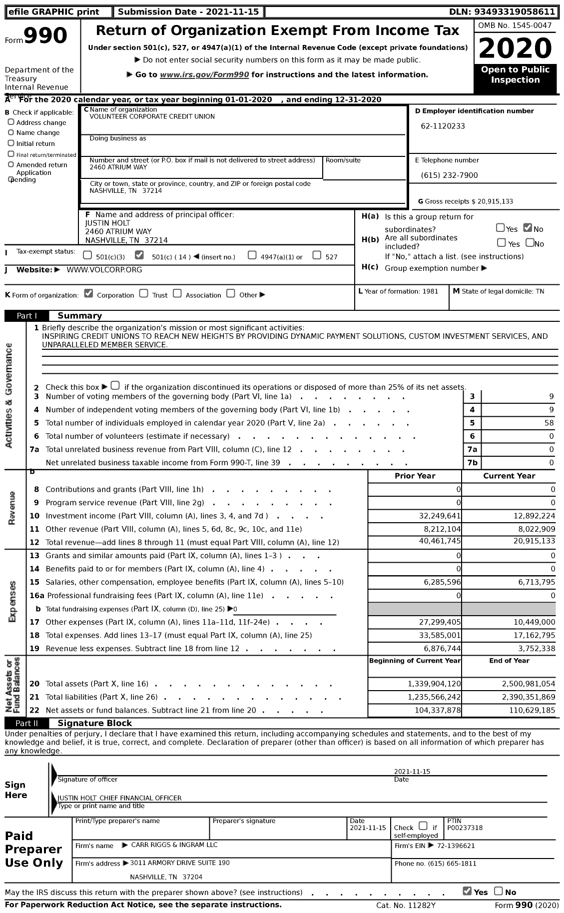 Image of first page of 2020 Form 990 for Volunteer Corporate Credit Union