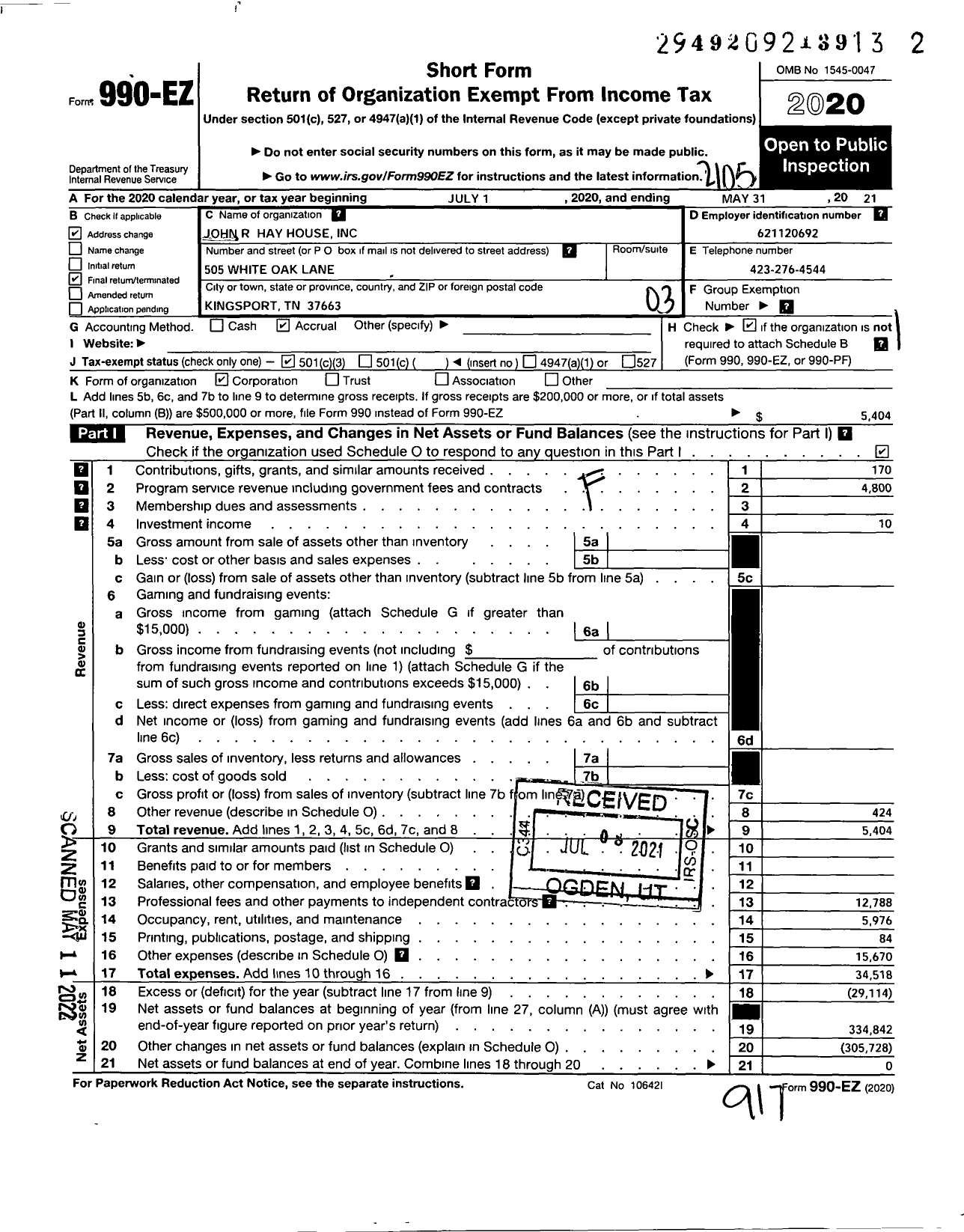 Image of first page of 2020 Form 990EZ for John R Hay House