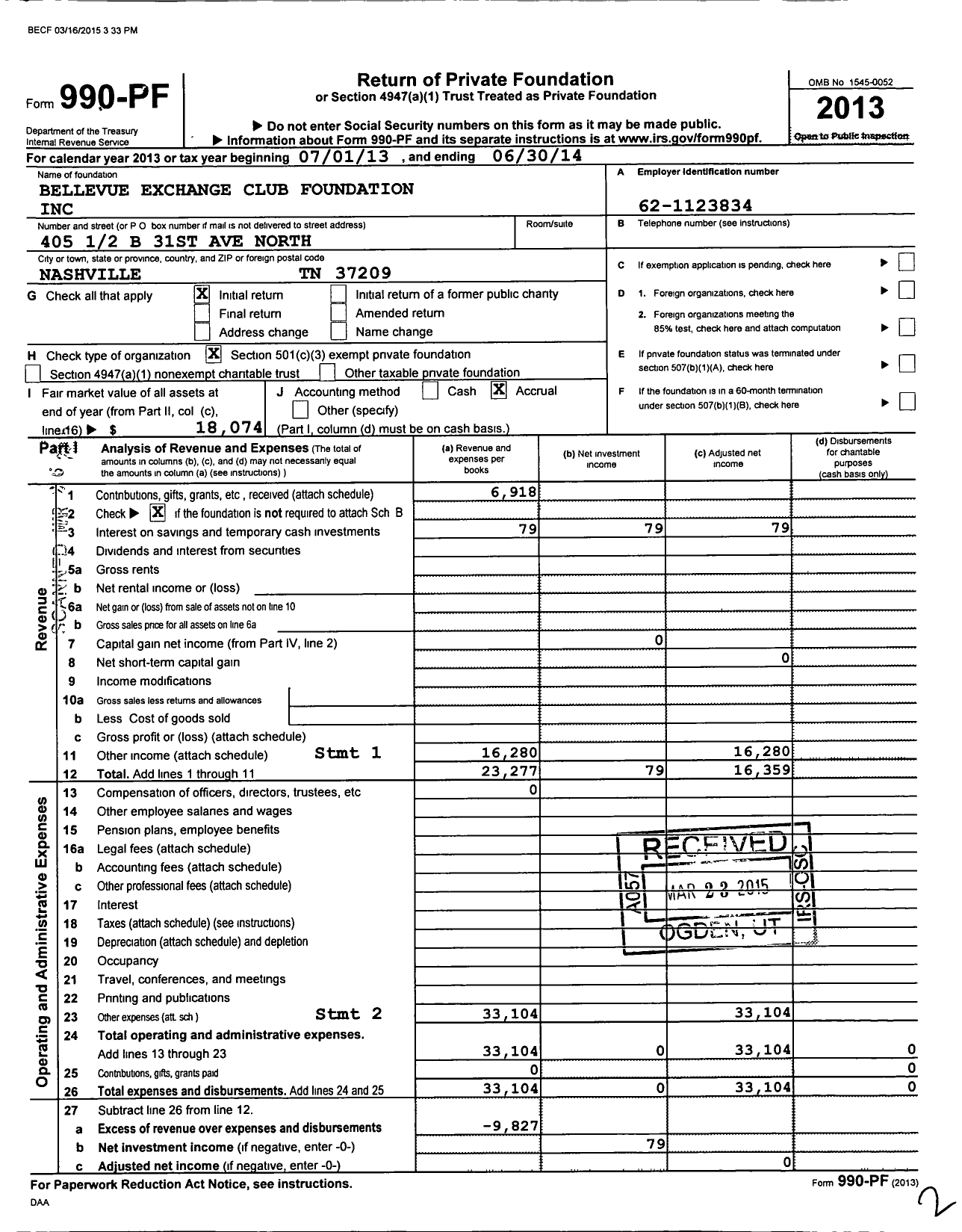 Image of first page of 2013 Form 990PF for Bellevue Exchange Club Foundation