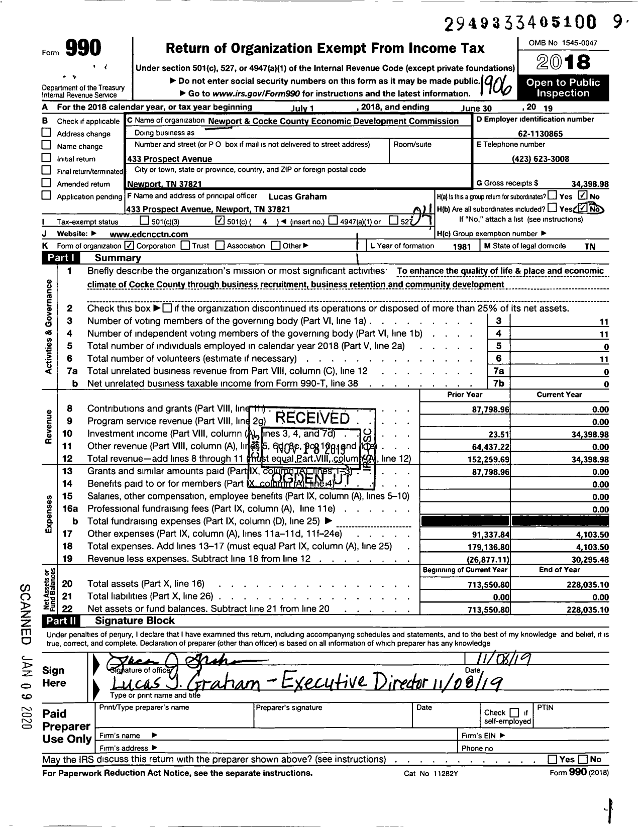 Image of first page of 2018 Form 990O for Newport and Cocke County Economic Development Commission