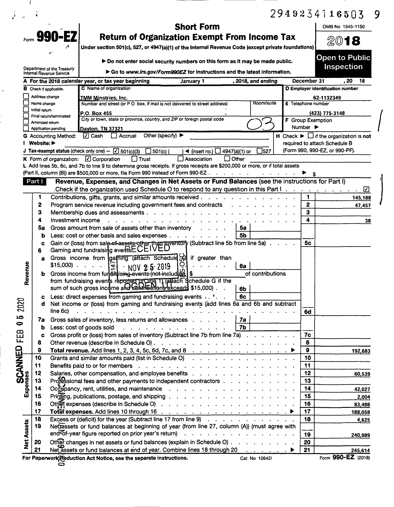 Image of first page of 2018 Form 990EZ for TMM Ministries