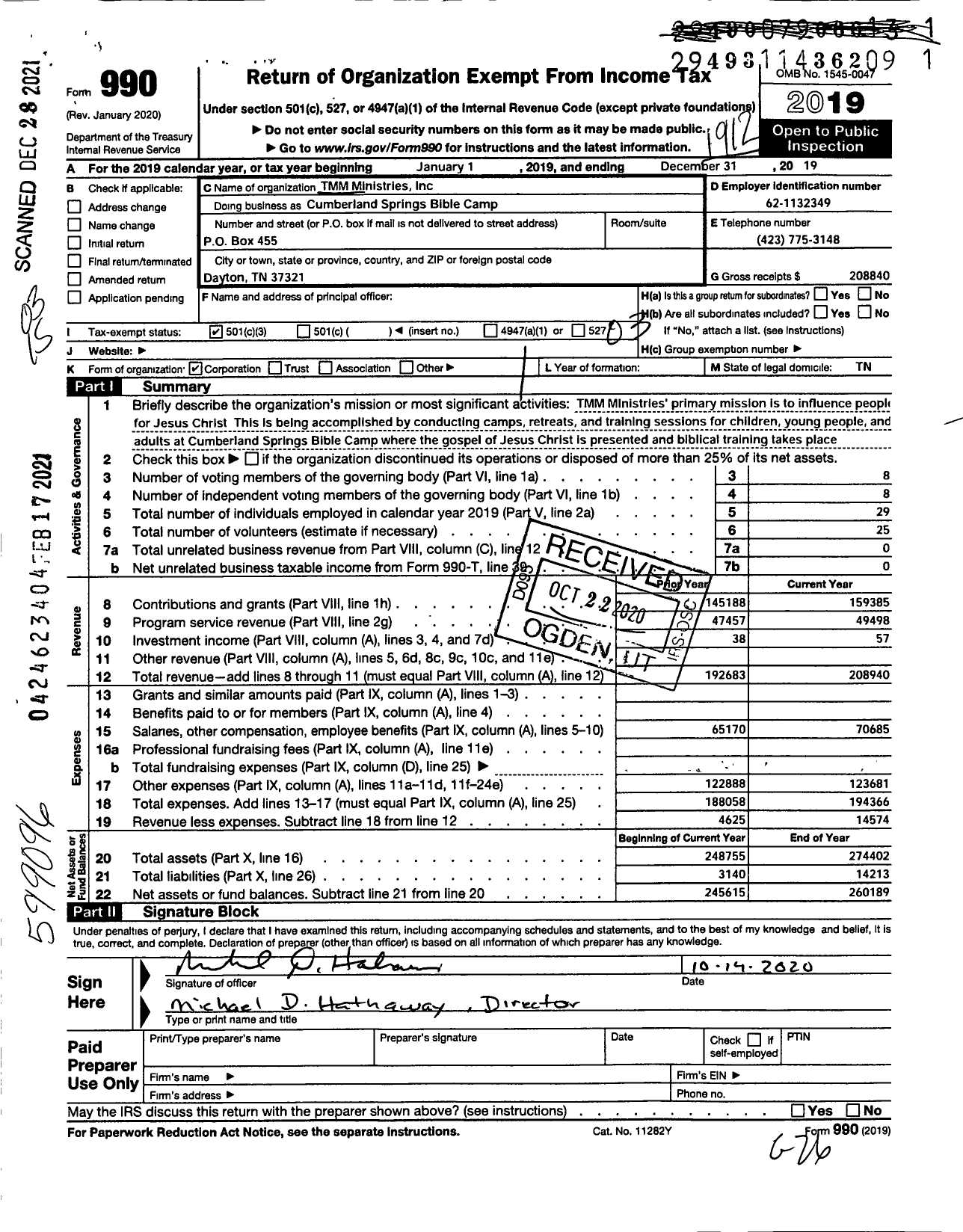 Image of first page of 2019 Form 990 for TMM Ministries