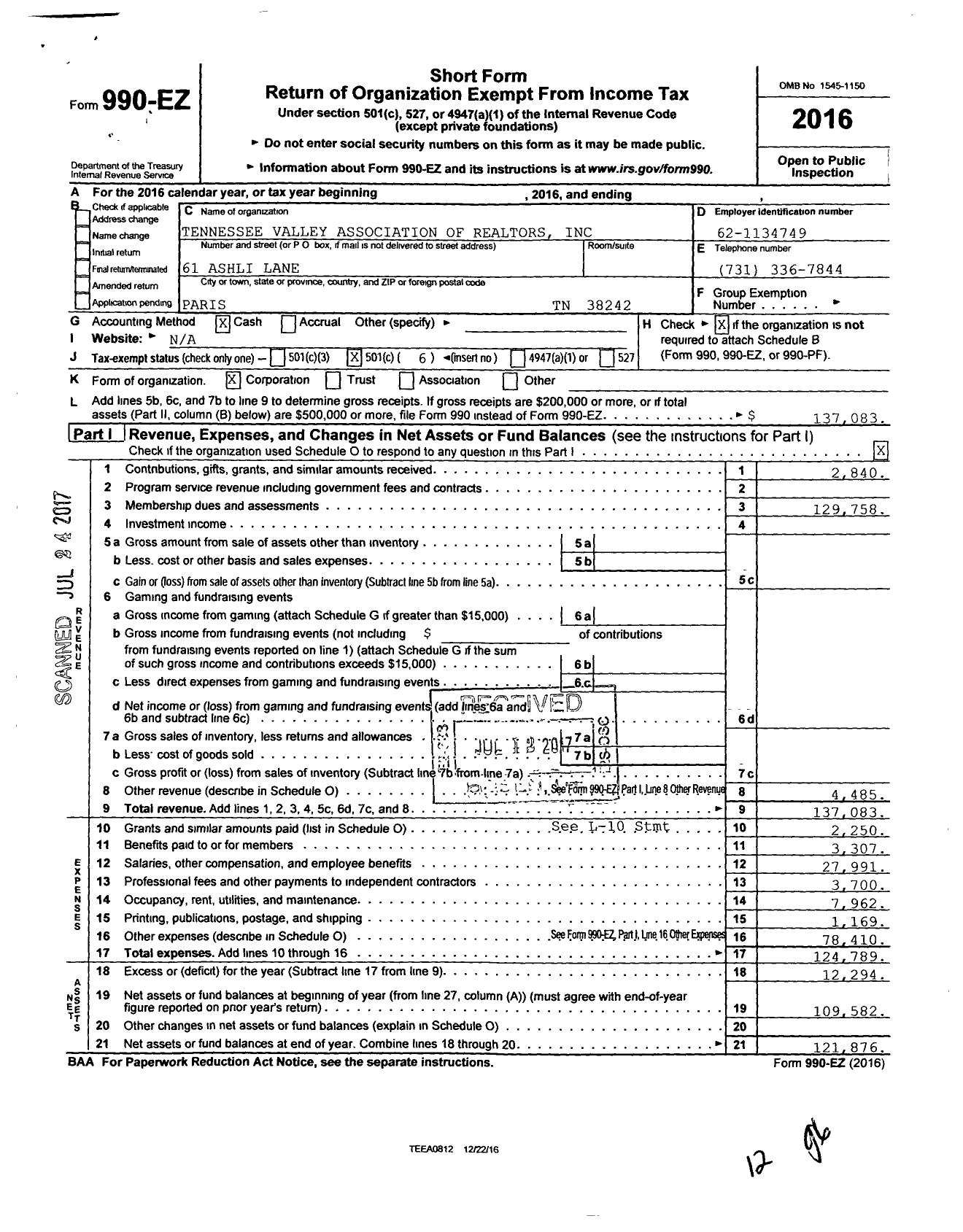 Image of first page of 2016 Form 990EO for Tennessee Valley Association of Realtors