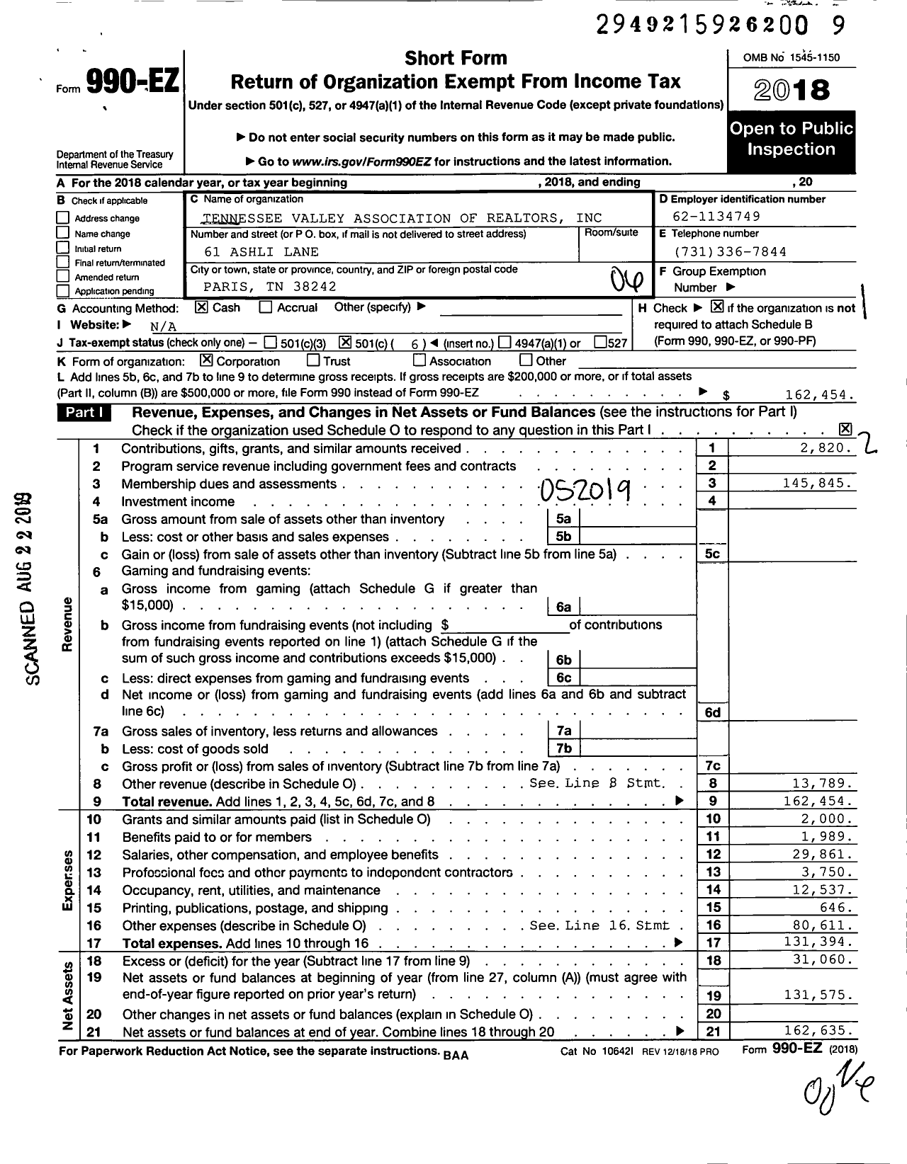 Image of first page of 2018 Form 990EO for Tennessee Valley Association of Realtors