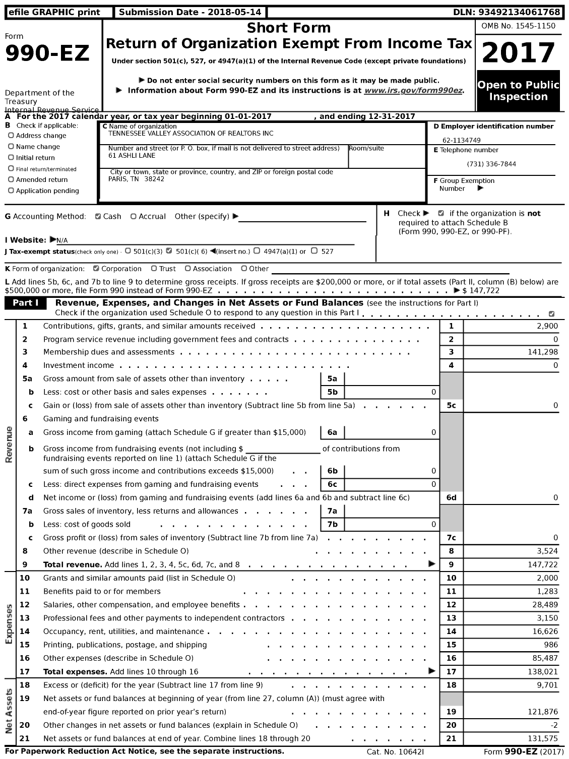 Image of first page of 2017 Form 990EZ for Tennessee Valley Association of Realtors