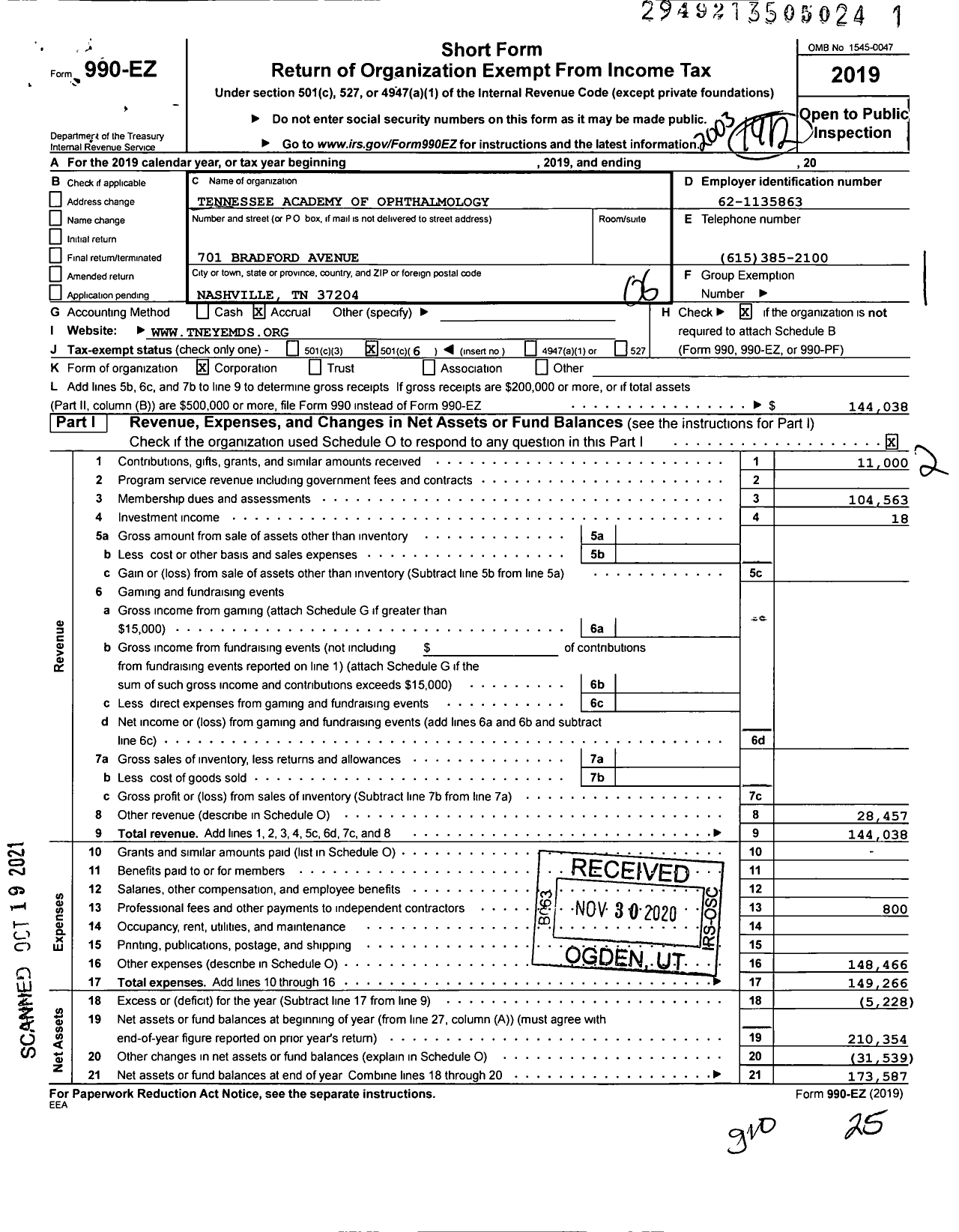 Image of first page of 2019 Form 990EO for Tennessee Academy of Ophthalmology