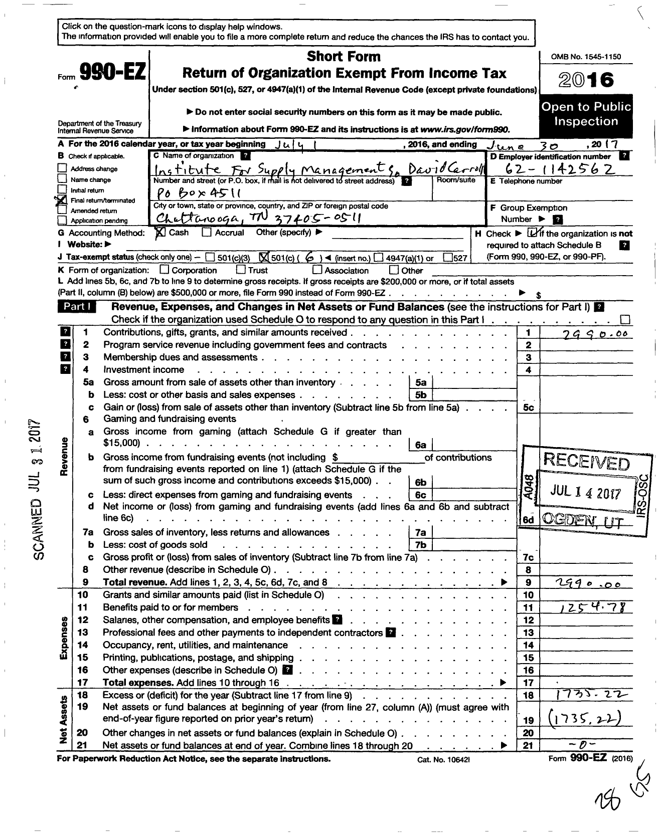 Image of first page of 2016 Form 990EO for Institute for Supply Managements David Carroll