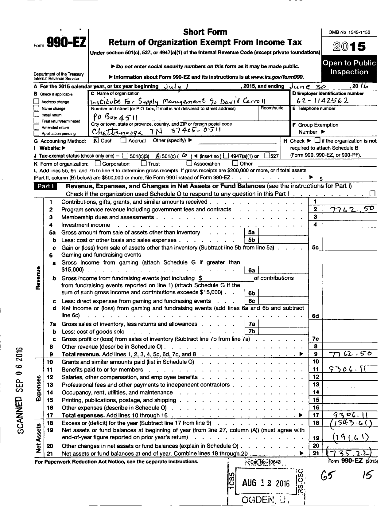 Image of first page of 2015 Form 990EO for Institute for Supply Managements David Carroll