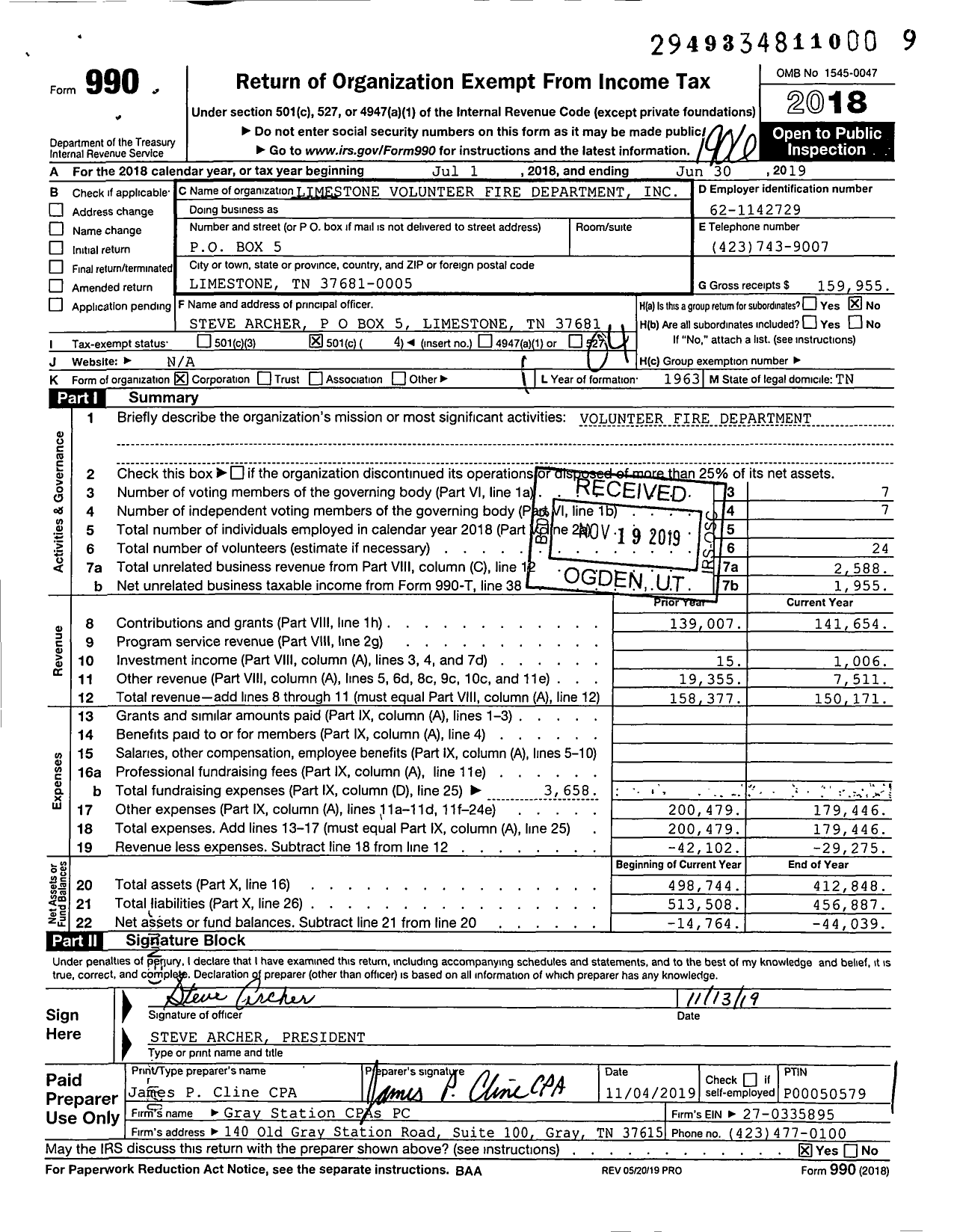 Image of first page of 2018 Form 990O for Limestone Volunteer Fire Department