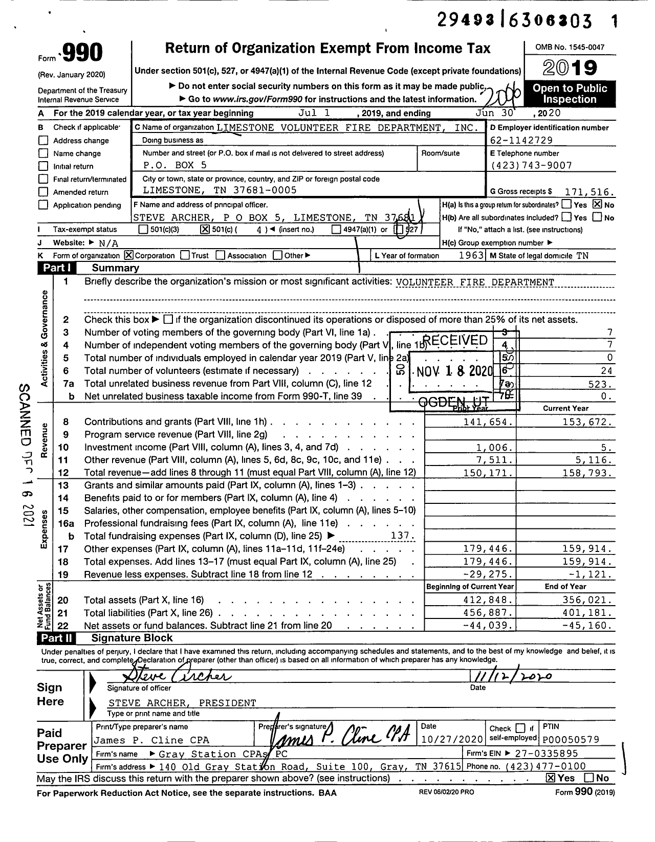 Image of first page of 2019 Form 990O for Limestone Volunteer Fire Department