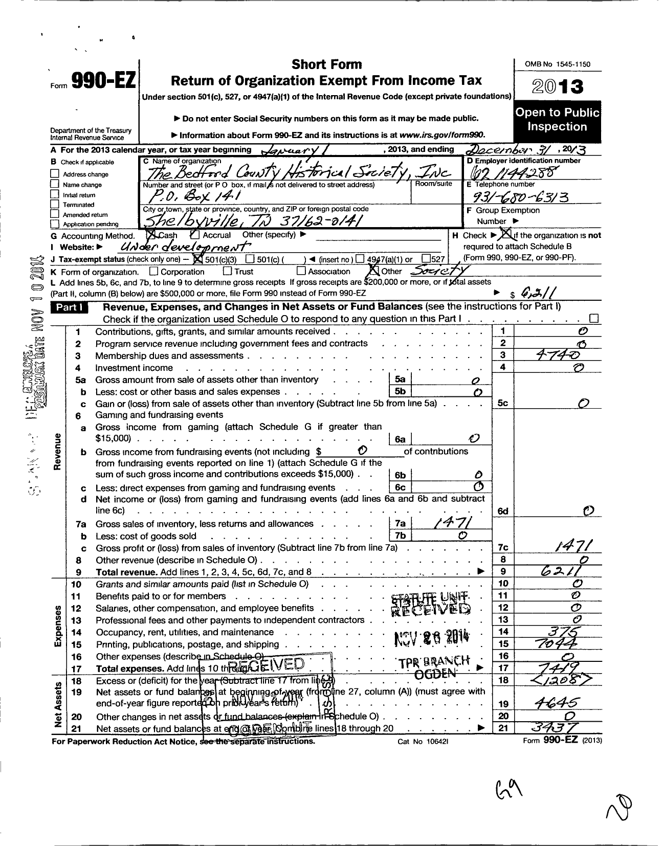 Image of first page of 2013 Form 990EZ for Bedford Historical Society