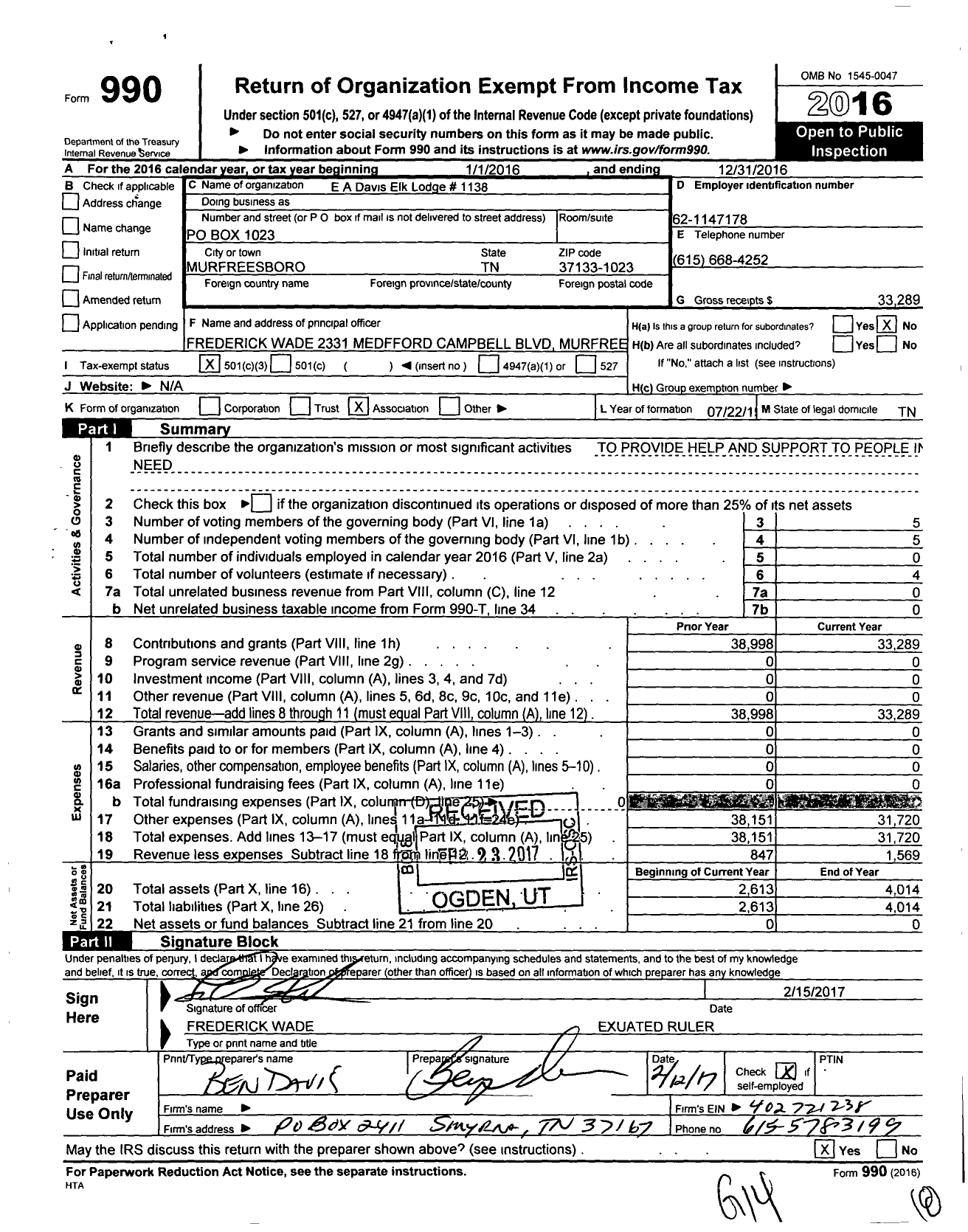 Image of first page of 2016 Form 990 for Improved Benevolent and Protective Order of Elks of the World - 1138 E A Davis Lodge