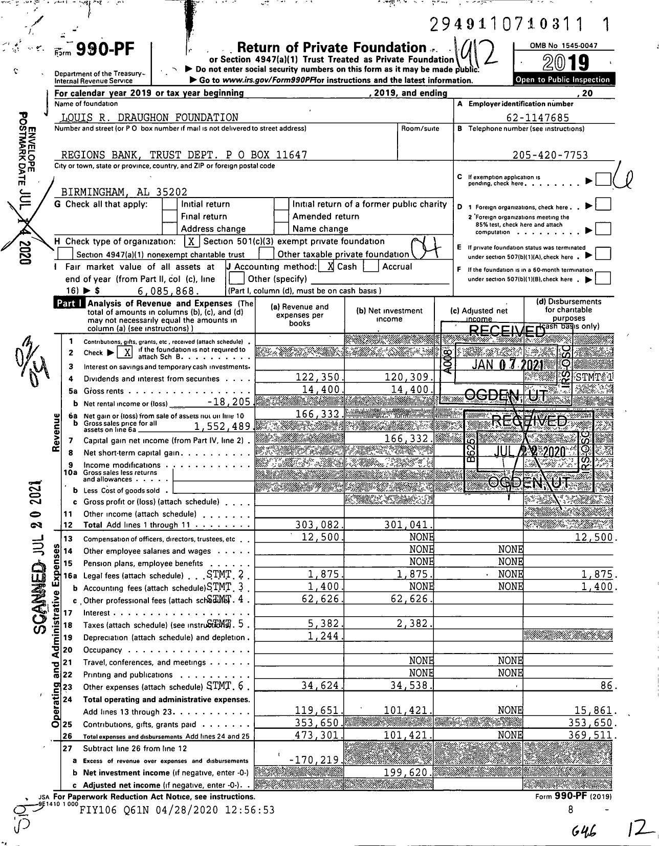 Image of first page of 2019 Form 990PF for Louis R Draughon Foundation