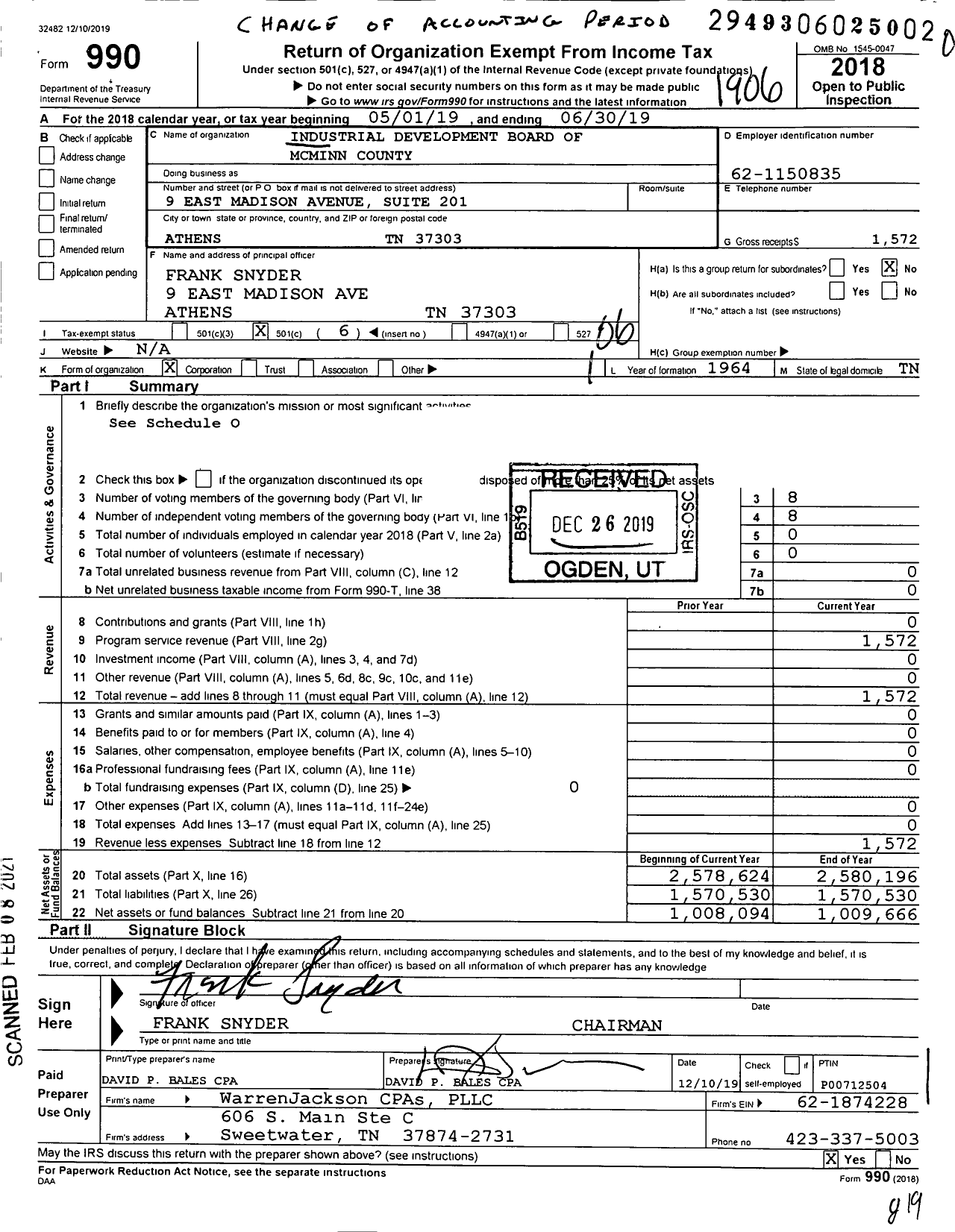 Image of first page of 2018 Form 990O for Industrial Development Board of McMinn County