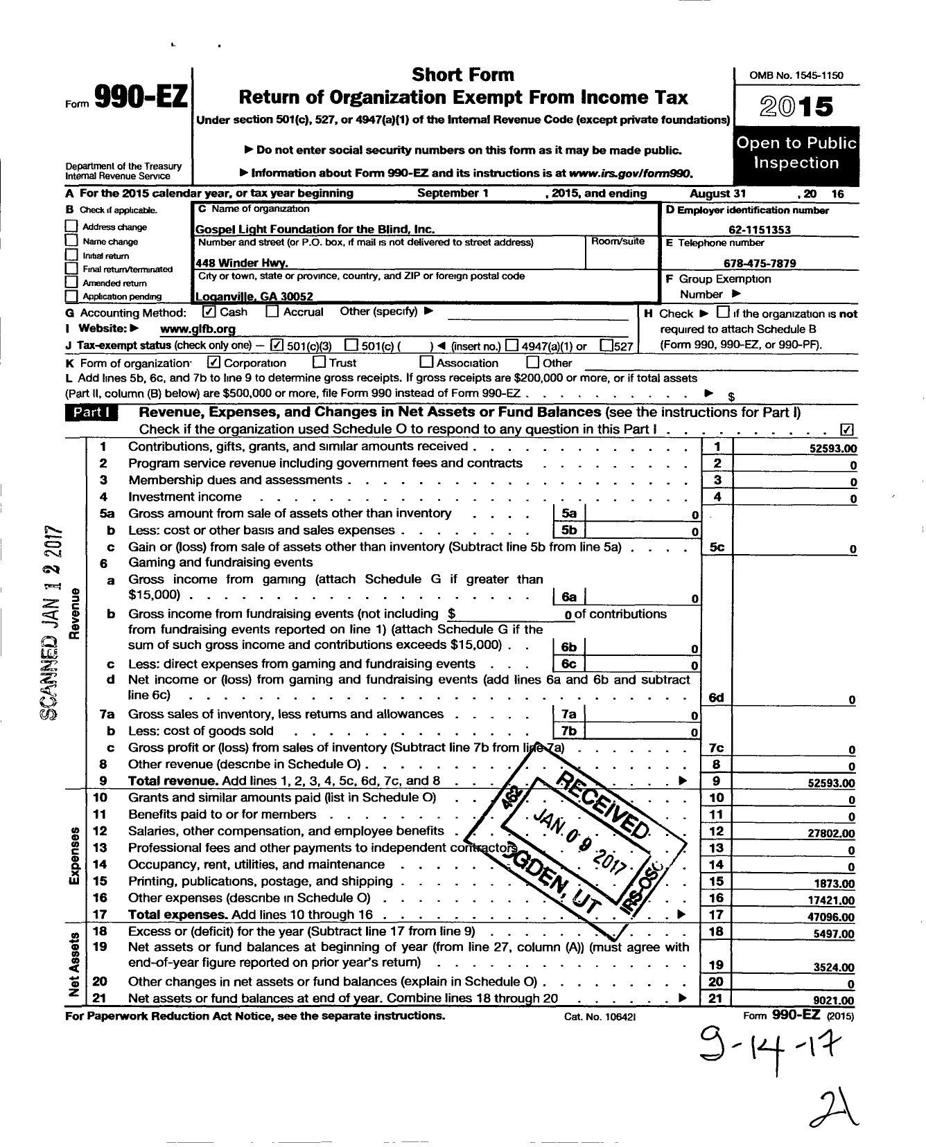 Image of first page of 2015 Form 990EZ for Gospel Light Foundation for the Blind