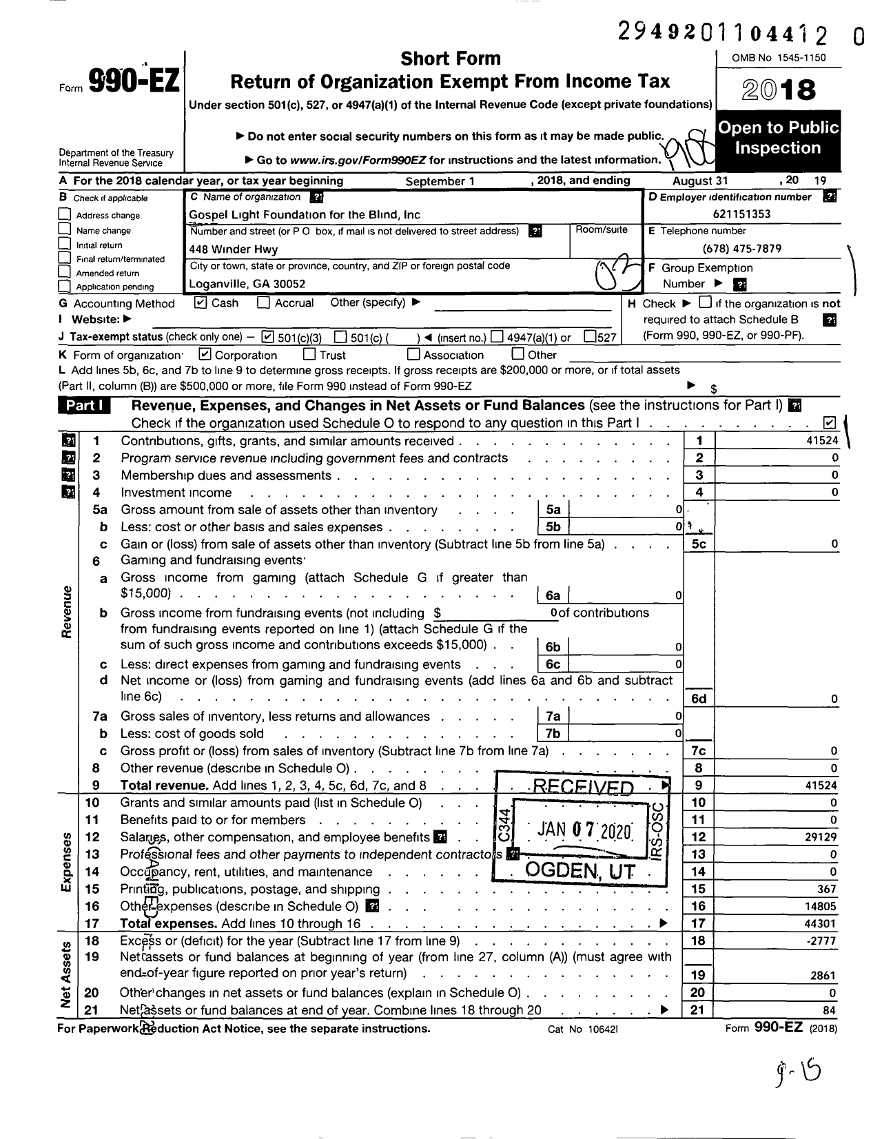 Image of first page of 2018 Form 990EZ for Gospel Light Foundation for the Blind