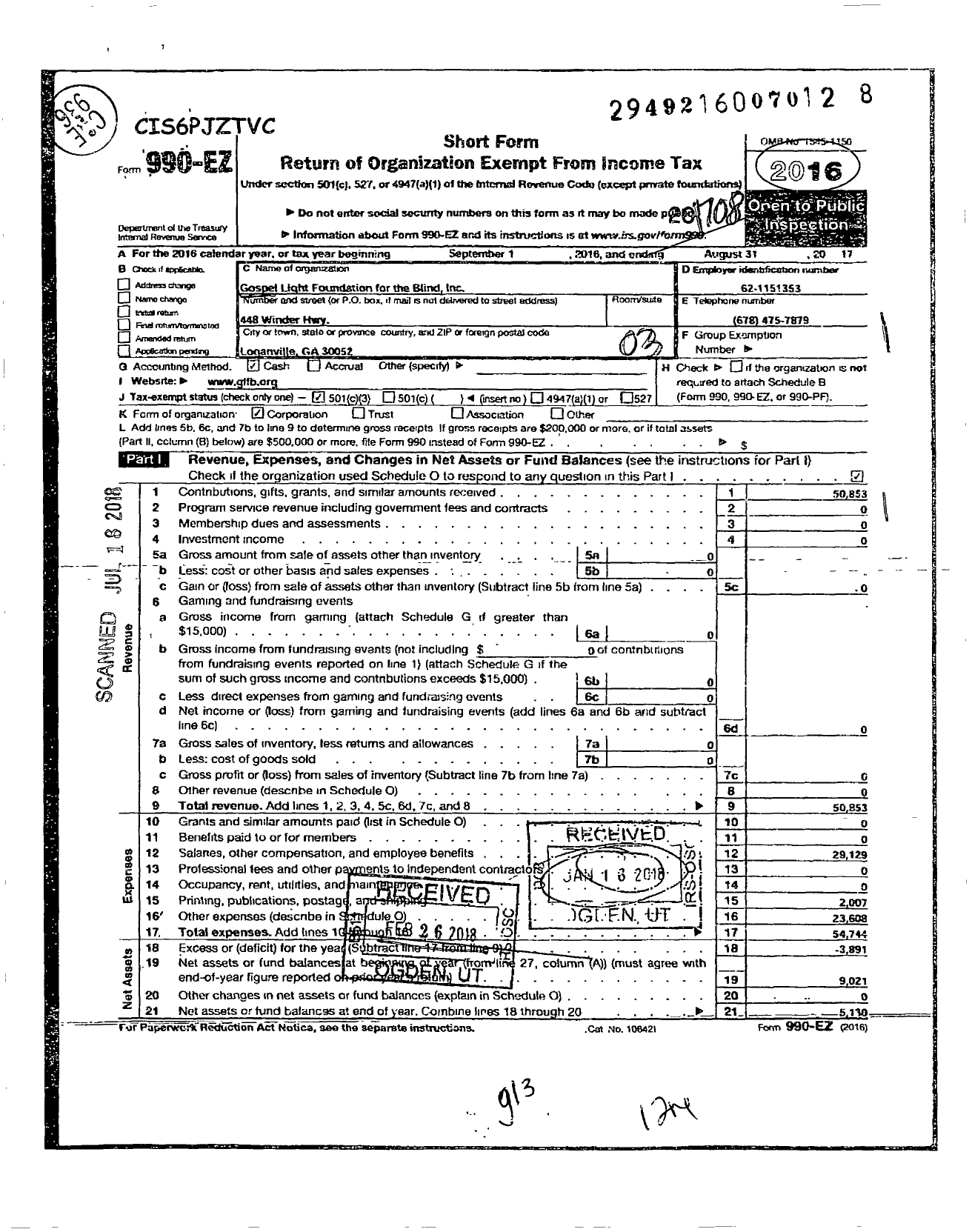 Image of first page of 2016 Form 990EZ for Gospel Light Foundation for the Blind