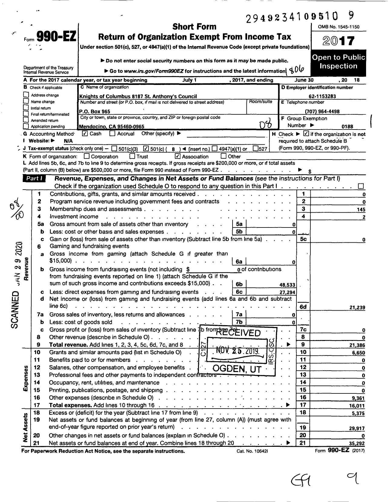 Image of first page of 2017 Form 990EO for Knights of Columbus - 8187 St Anthony Council