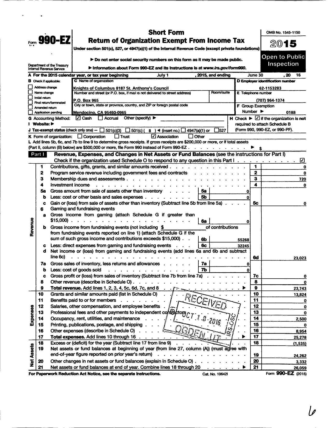 Image of first page of 2015 Form 990EO for Knights of Columbus - 8187 St Anthony Council