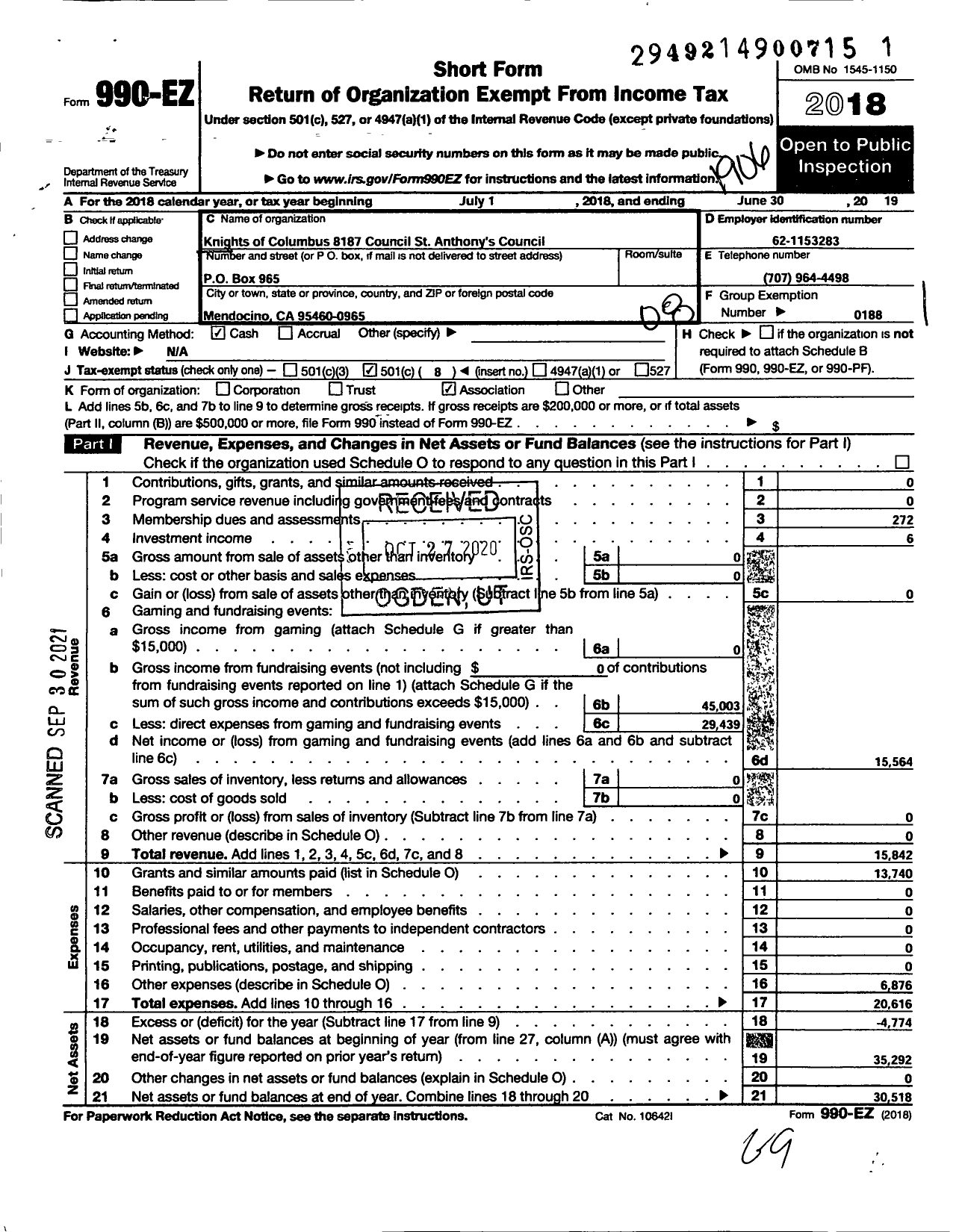 Image of first page of 2018 Form 990EO for Knights of Columbus - 8187 St Anthony Council