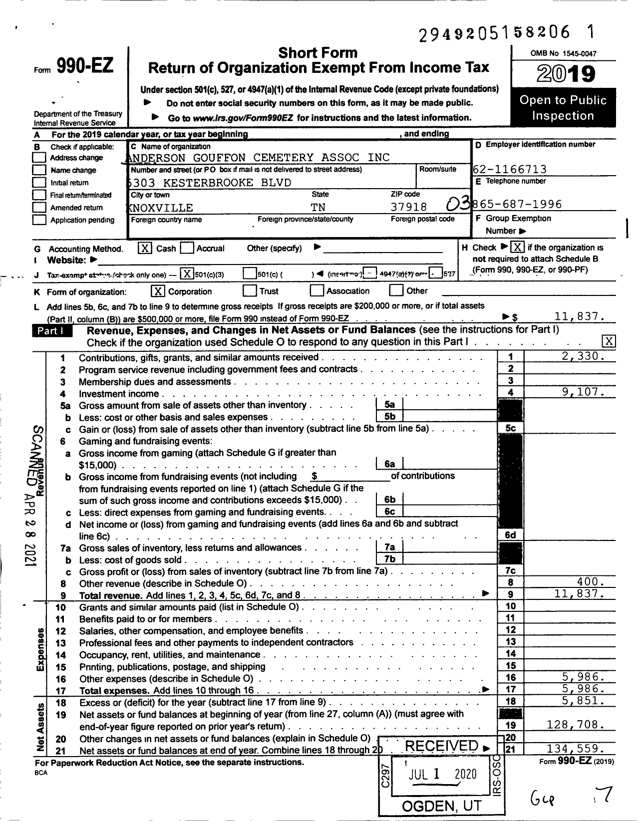 Image of first page of 2019 Form 990EZ for Anderson Gouffon Cemetery Association