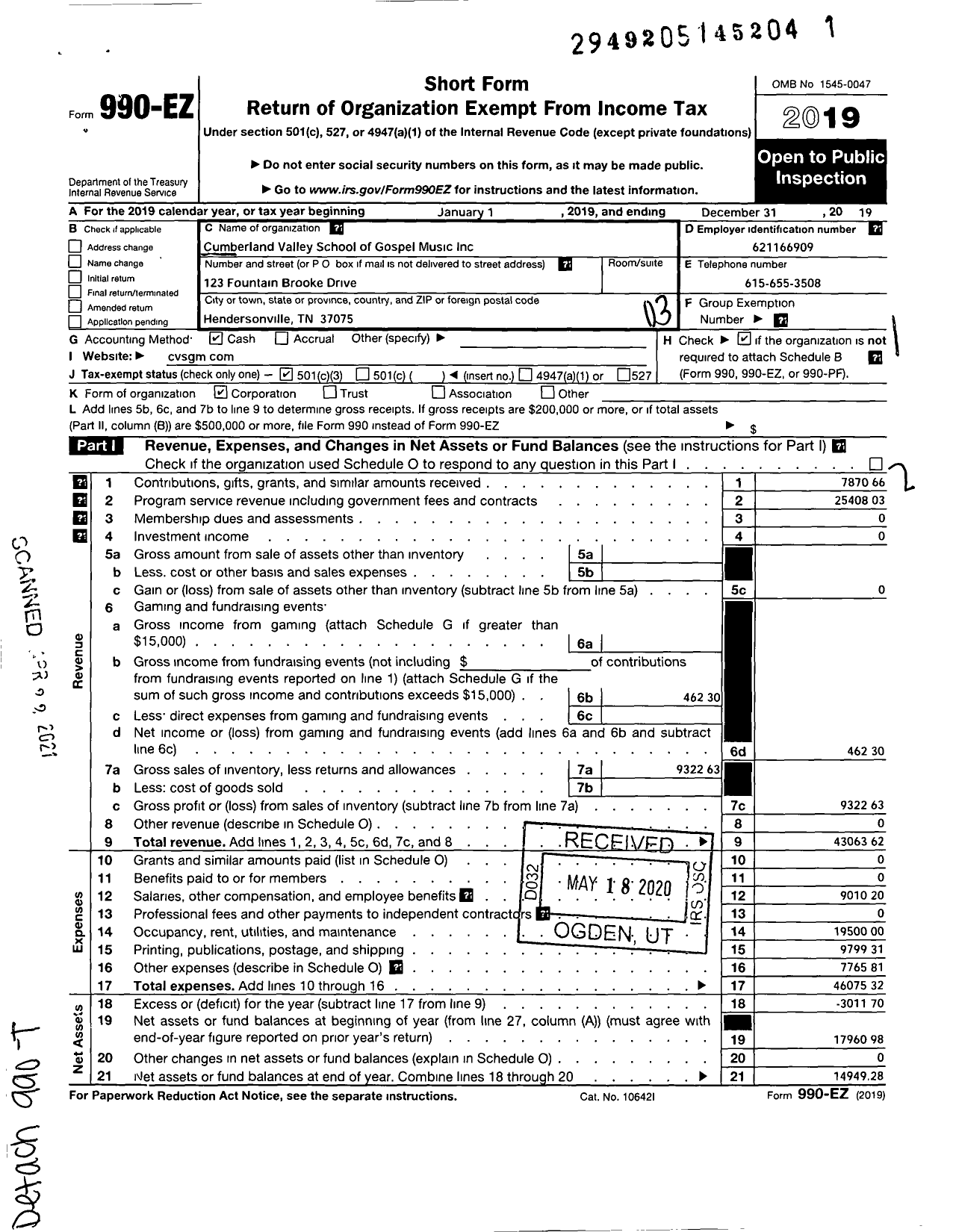 Image of first page of 2019 Form 990EZ for Cumberland Valley School of Gospel Music