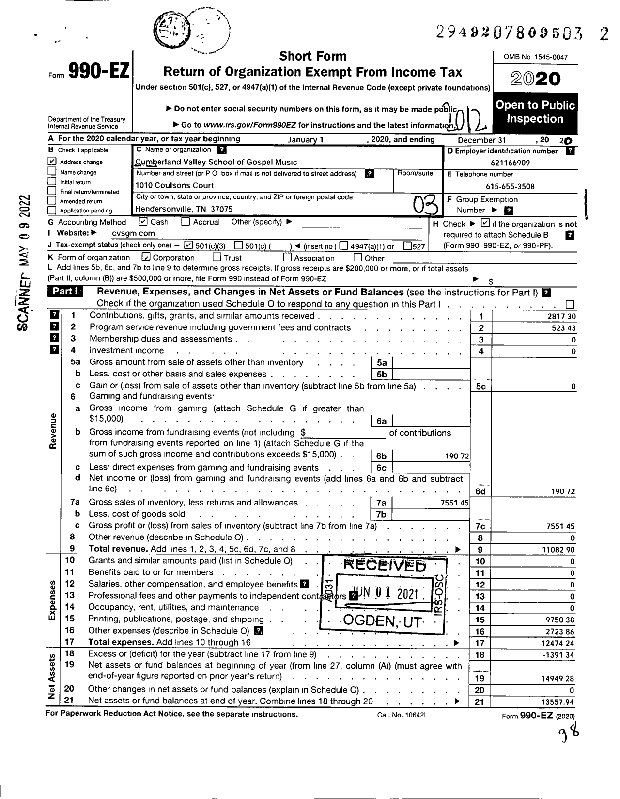 Image of first page of 2020 Form 990EZ for Cumberland Valley School of Gospel Music