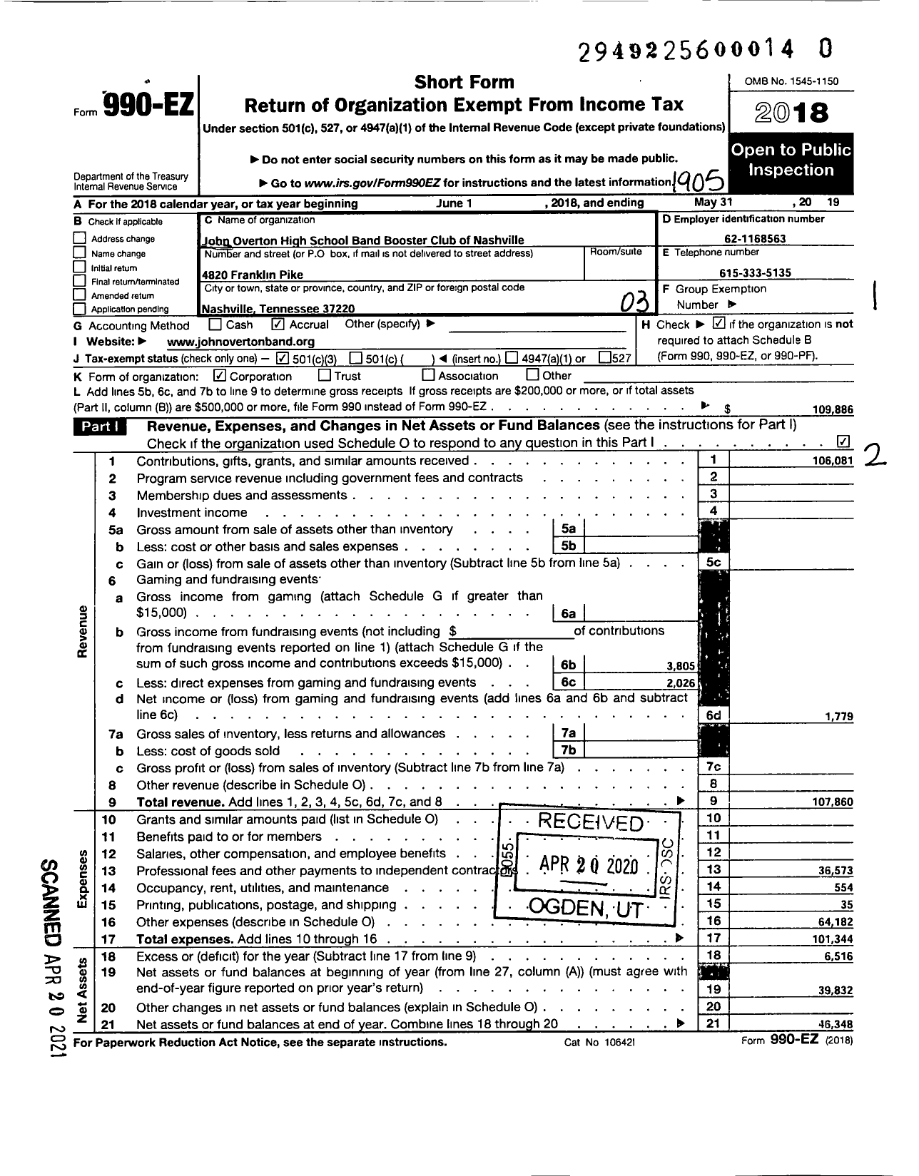 Image of first page of 2018 Form 990EZ for John Overton High School Band Booster Club of Nashville