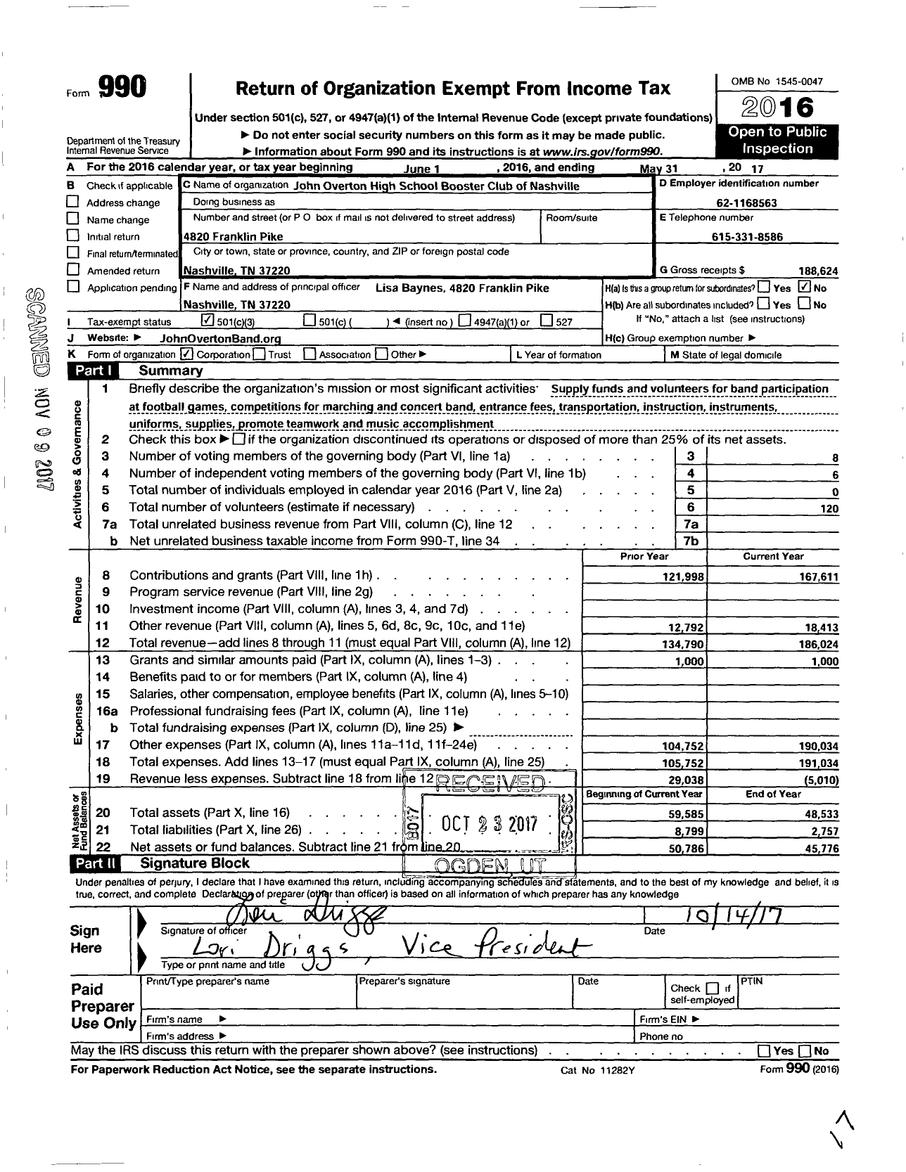 Image of first page of 2016 Form 990 for John Overton High School Band Booster Club of Nashville