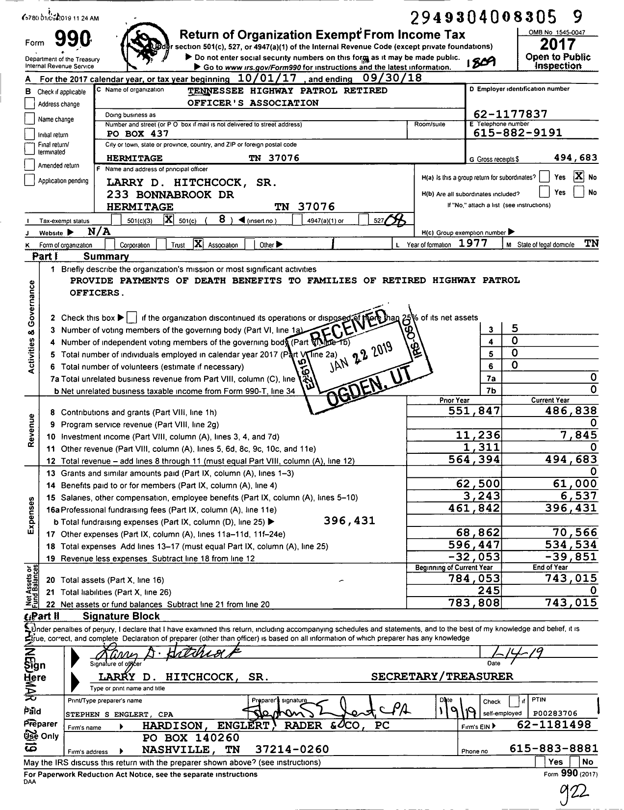 Image of first page of 2017 Form 990O for Tennessee Highway Patrol Retired Officers Association